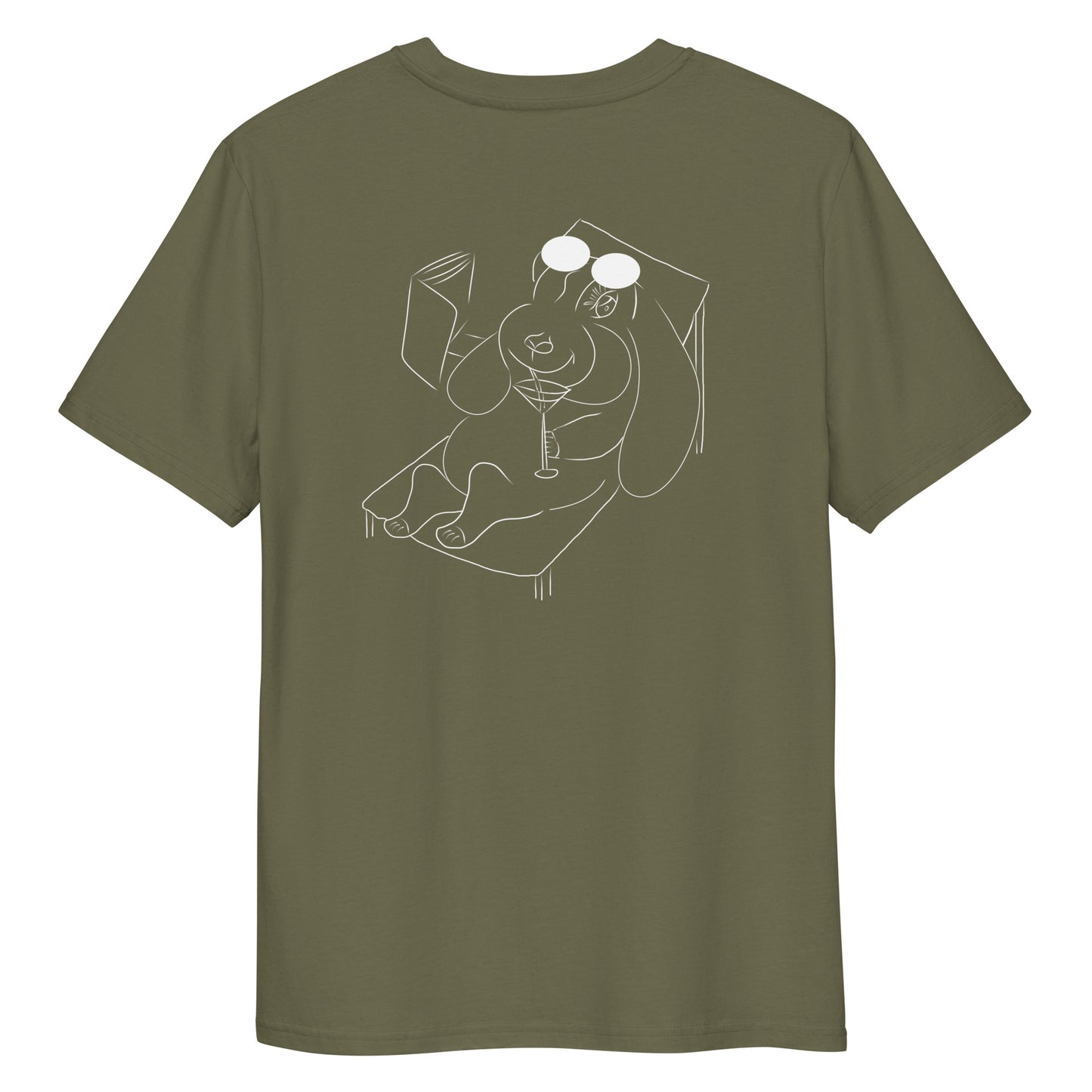 White Bunny Hop and Sip | 100% Organic Cotton T Shirt in khaki back view