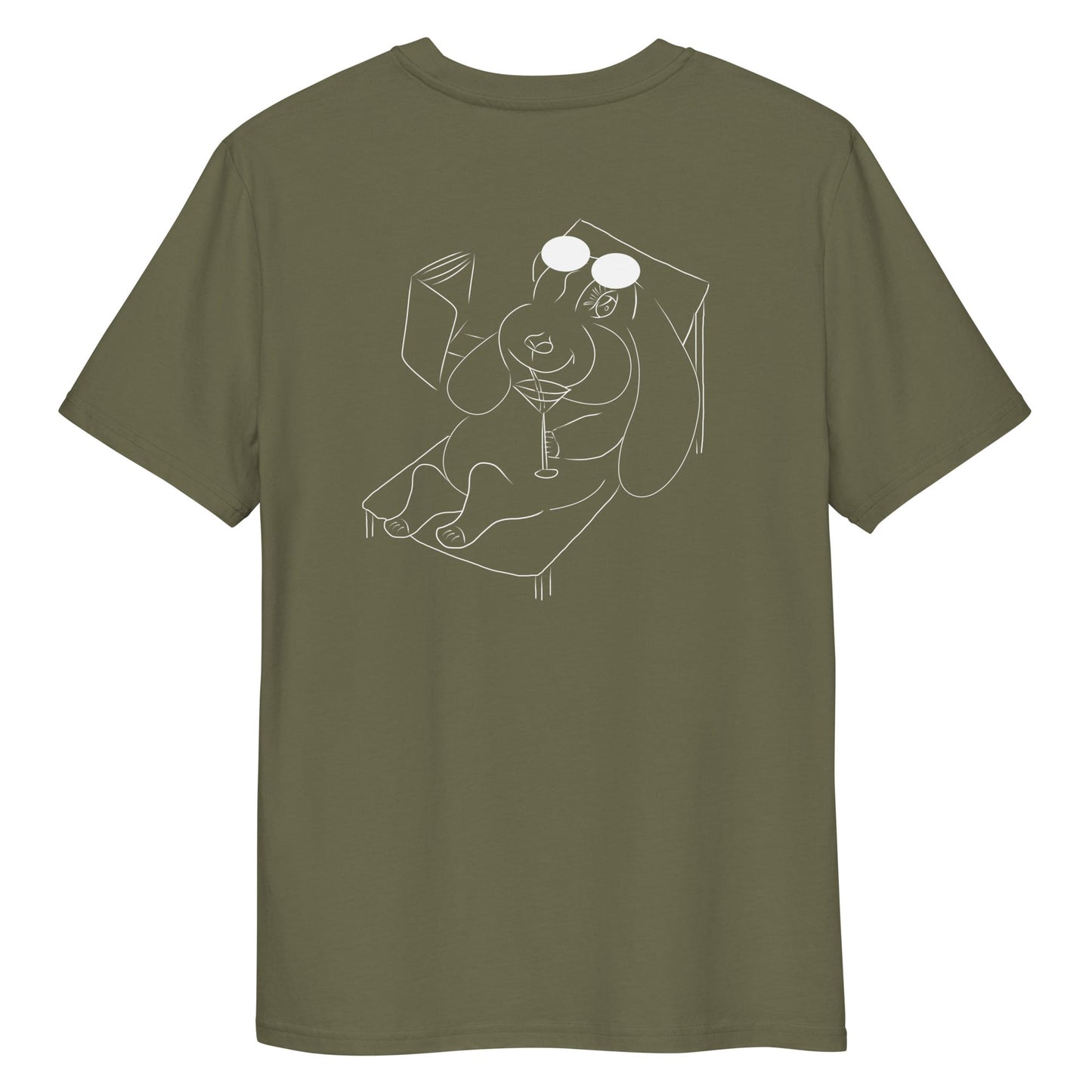 White Bunny Hop and Sip | 100% Organic Cotton T Shirt in khaki back view