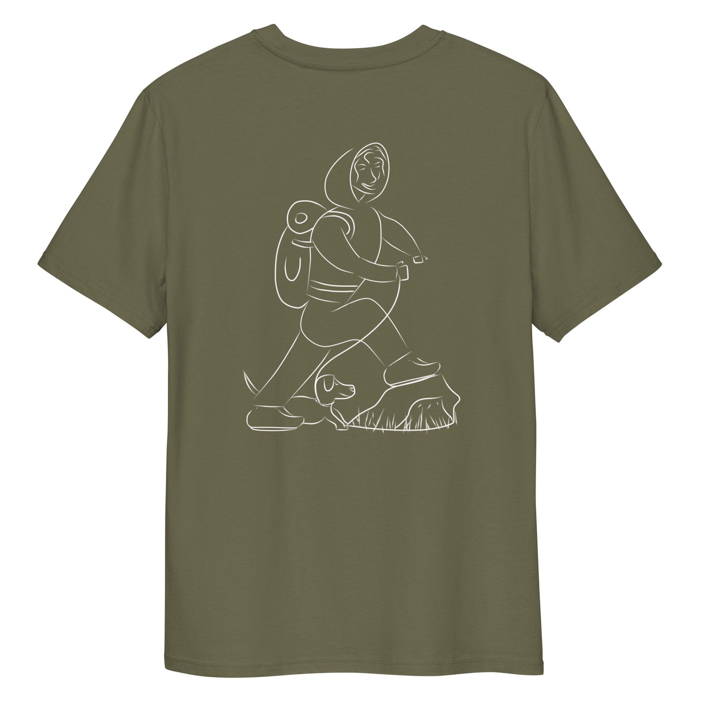 Woman and Dog Hiking White | 100% Organic Cotton T Shirt in khaki back