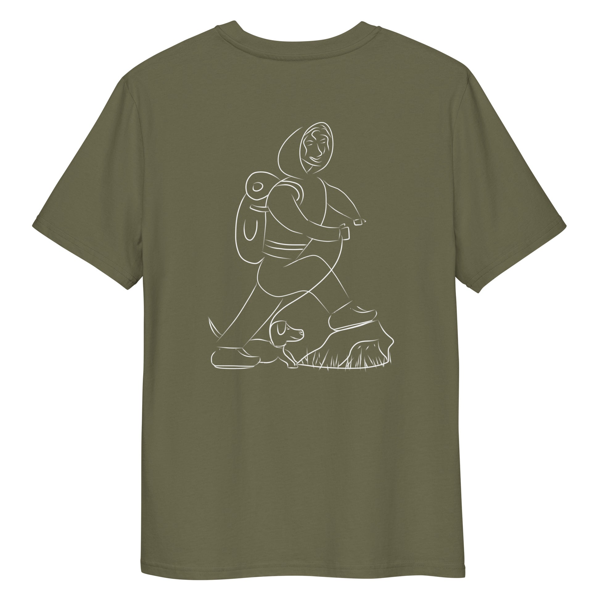 Woman and Dog Hiking White | 100% Organic Cotton T Shirt in khaki back