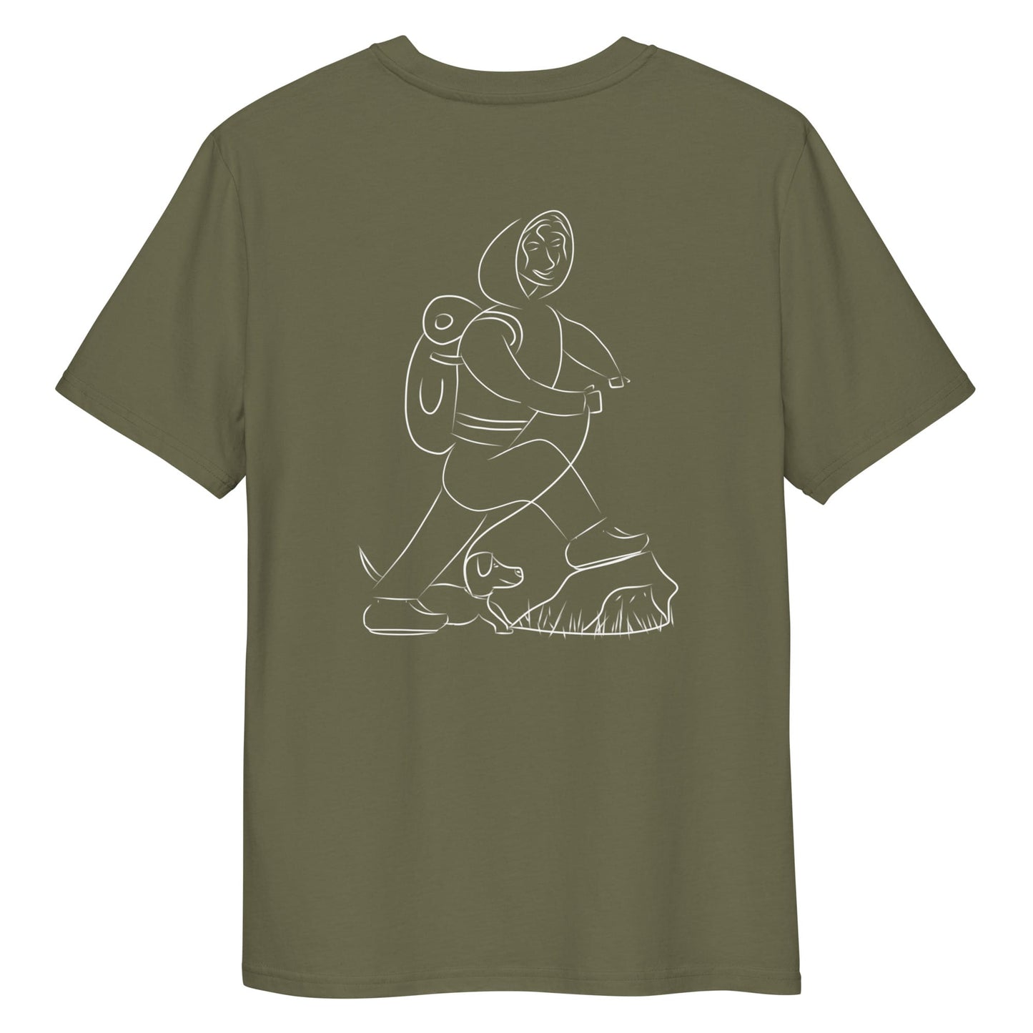 Woman and Dog Hiking White | 100% Organic Cotton T Shirt in khaki back