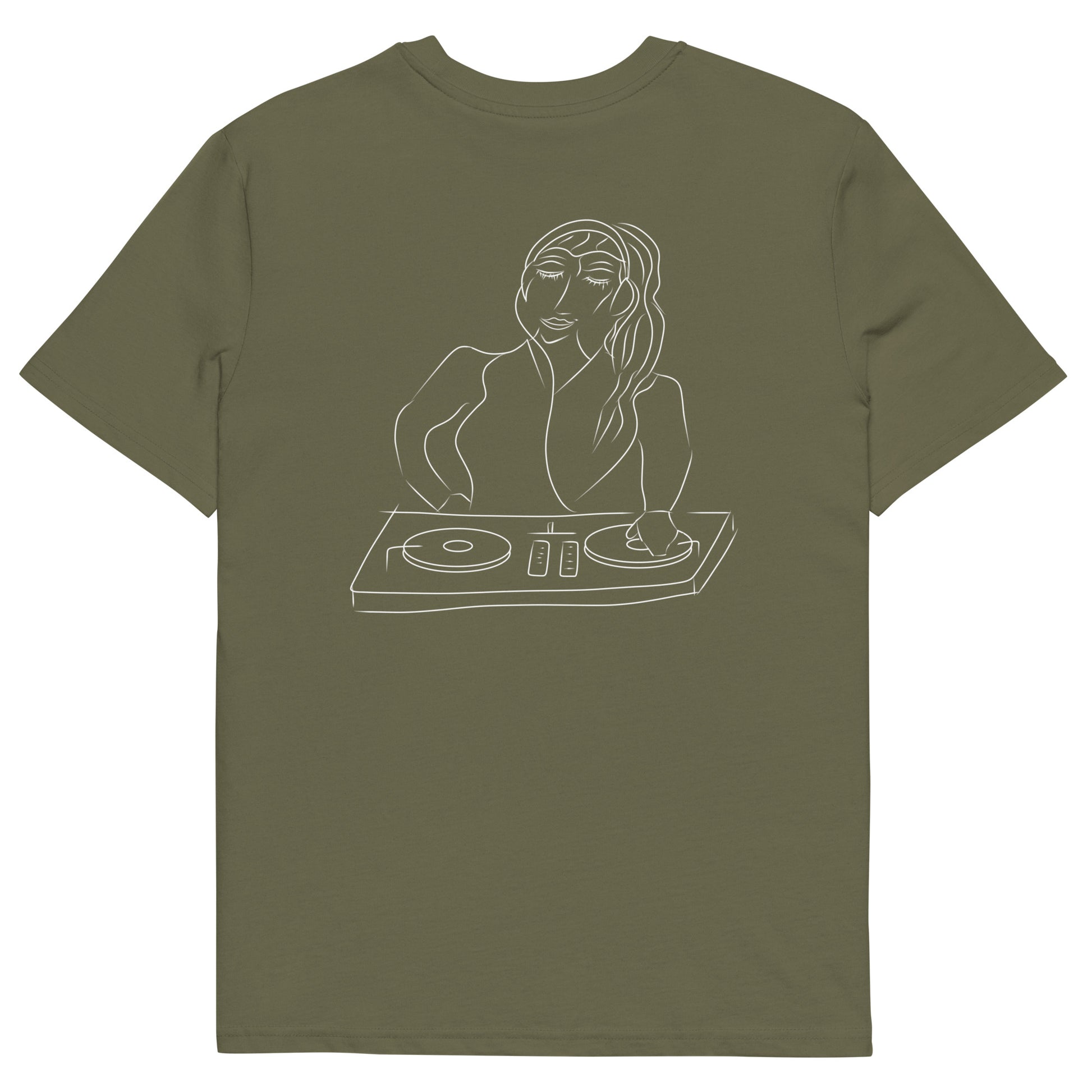 Woman DJ White | 100% Organic Cotton T Shirt in khaki back view