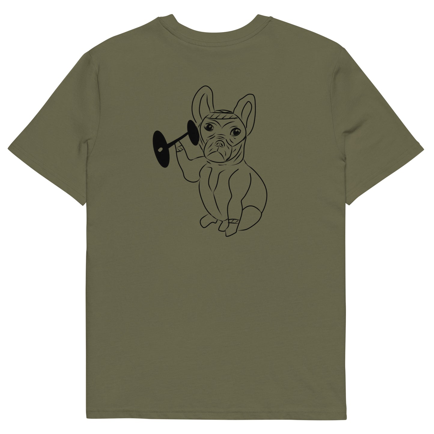 French Bulldog Weight Lifter | 100% Organic Cotton T Shirt in khaki back