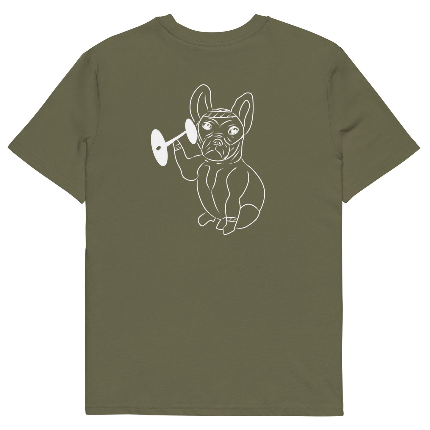 White French Bulldog Weight Lifter | 100% Organic Cotton T Shirt in khaki back view