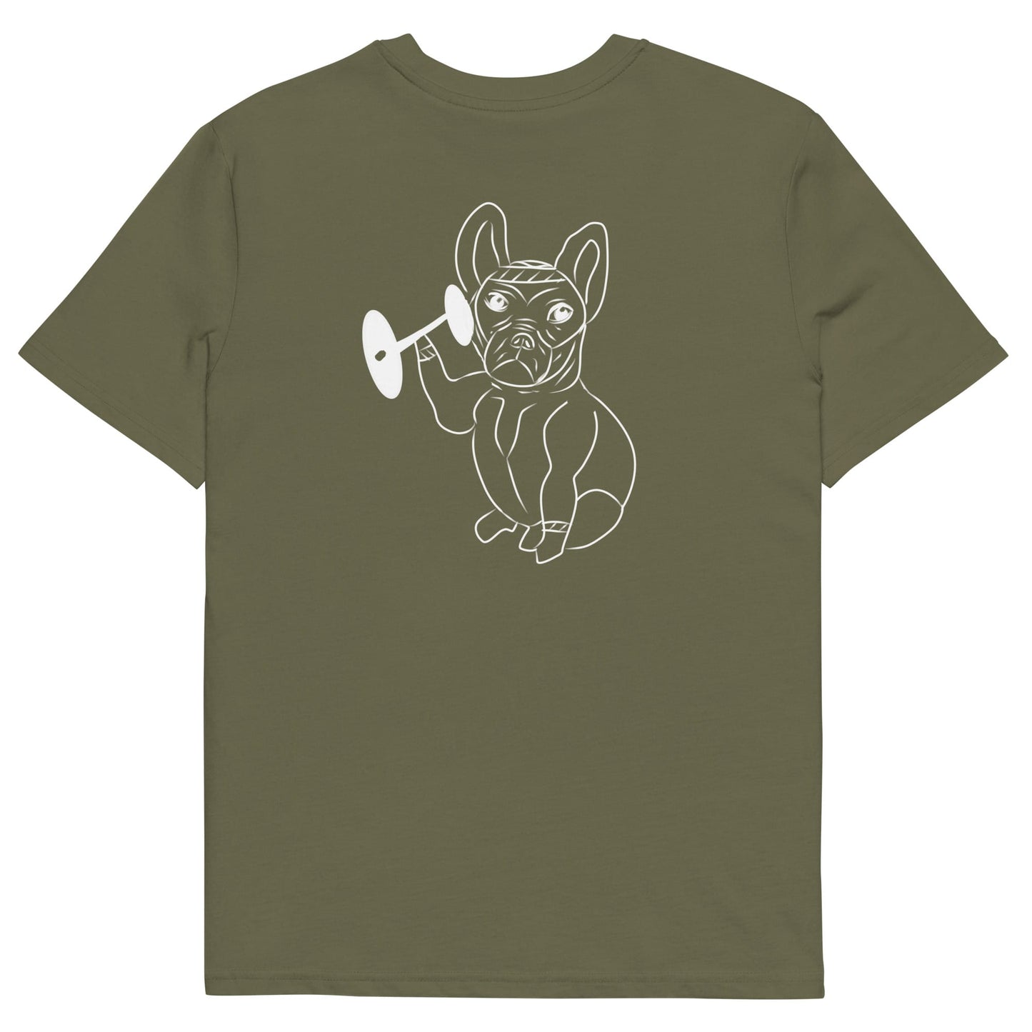 White French Bulldog Weight Lifter | 100% Organic Cotton T Shirt in khaki back view