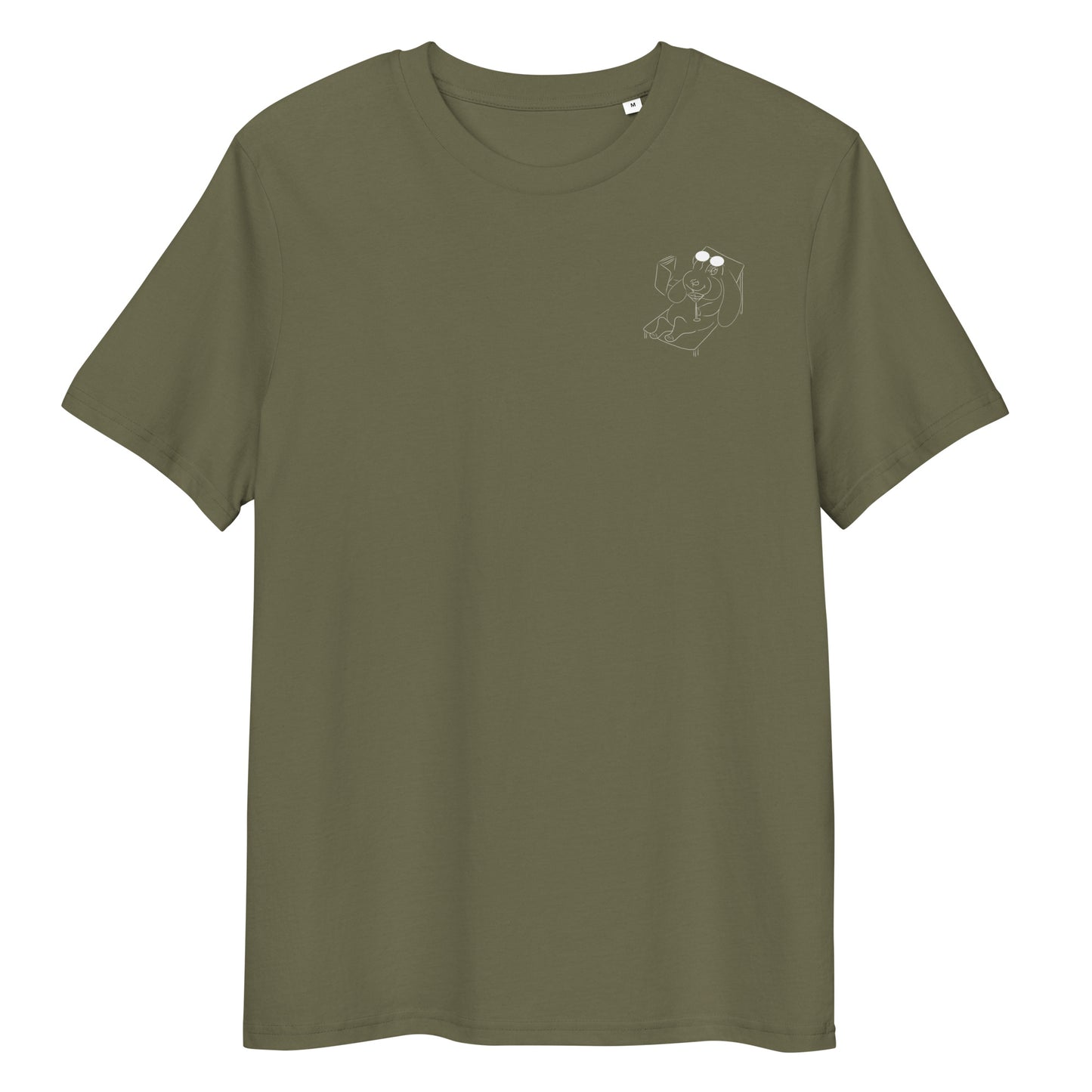 White Bunny Hop and Sip | 100% Organic Cotton T Shirt in khaki front view