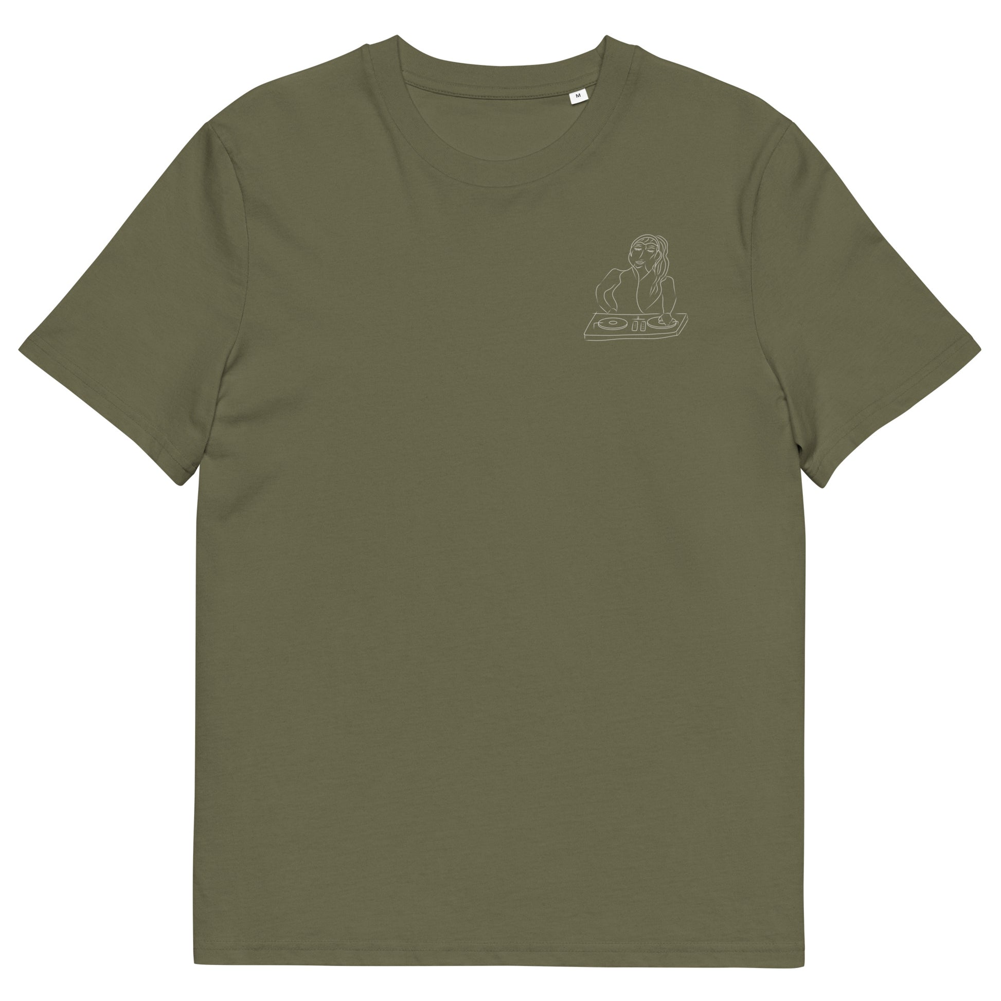 Woman DJ White | 100% Organic Cotton T Shirt in khaki front view