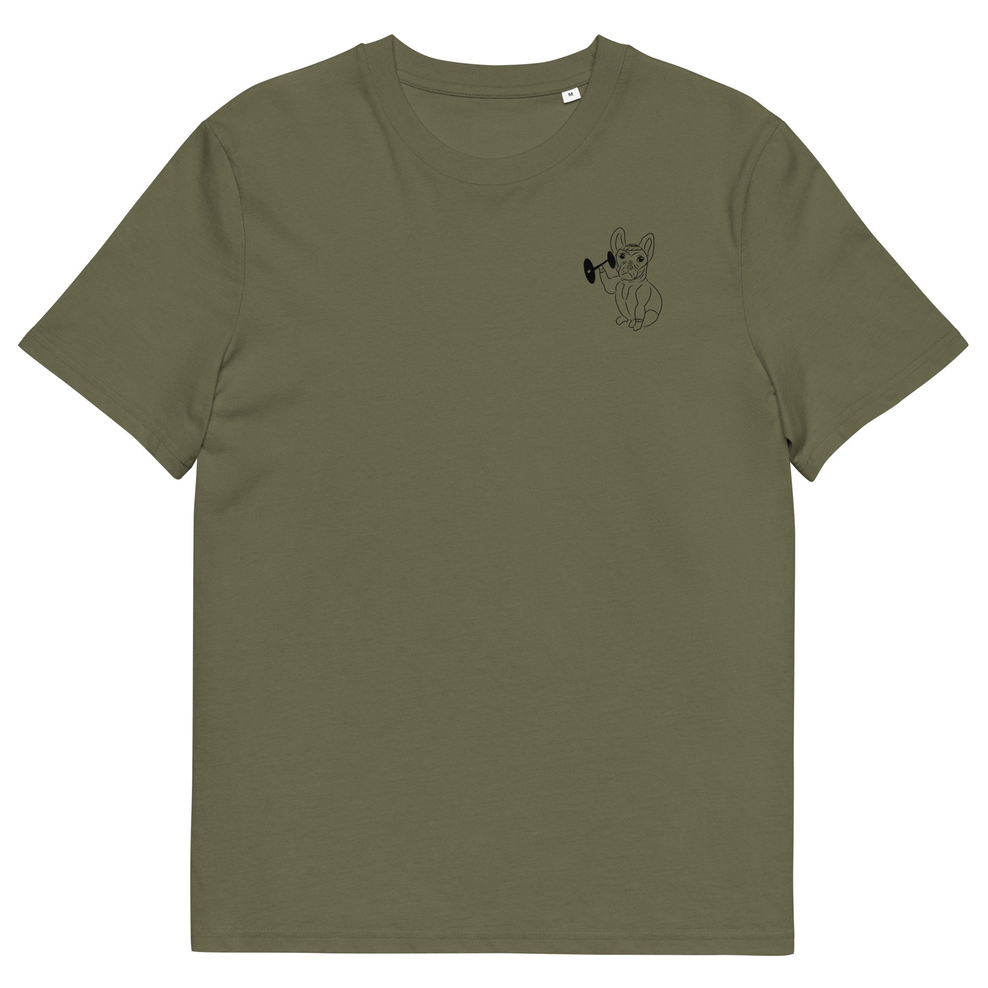 French Bulldog Weight Lifter | 100% Organic Cotton T Shirt in khaki