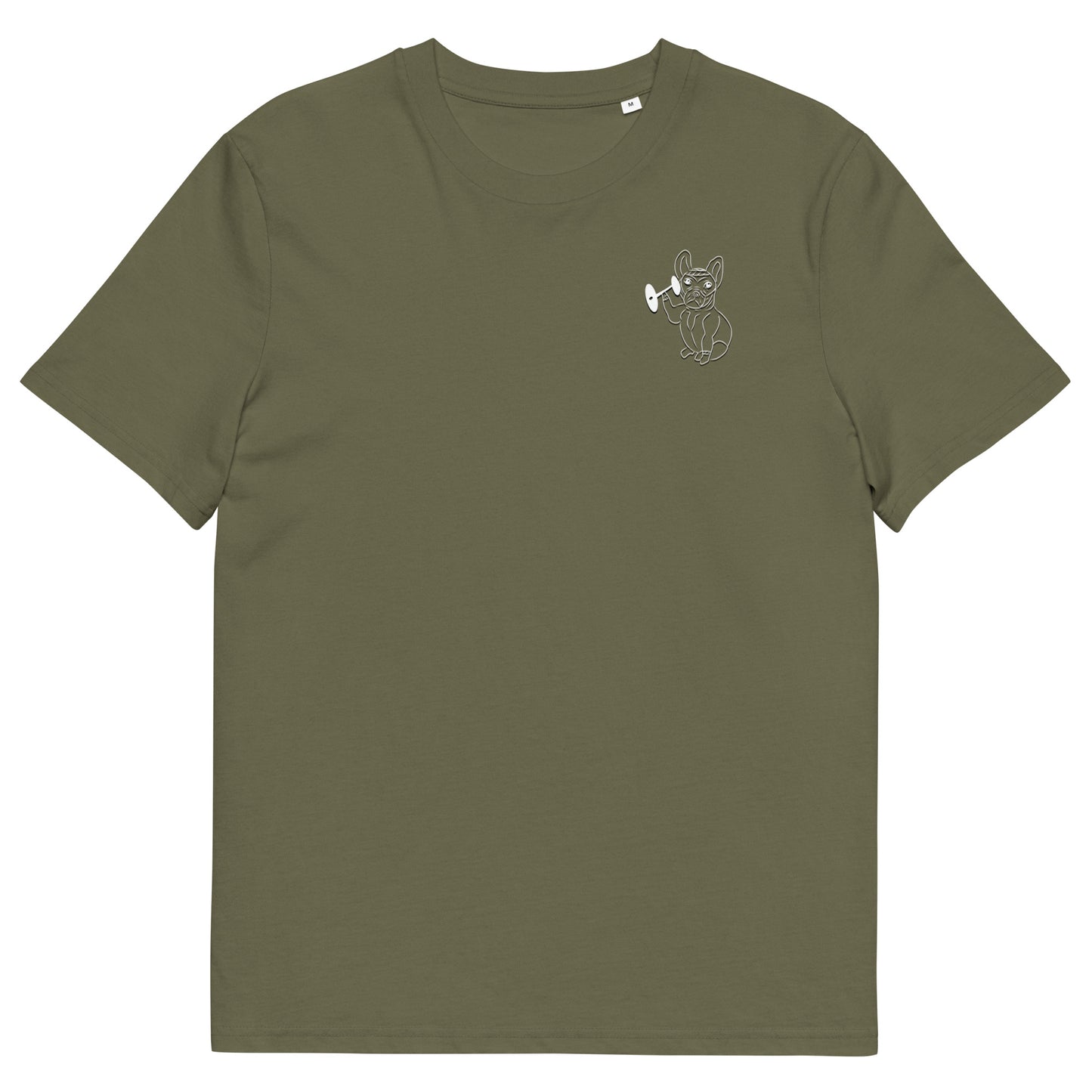 White French Bulldog Weight Lifter | 100% Organic Cotton T Shirt in khaki front view
