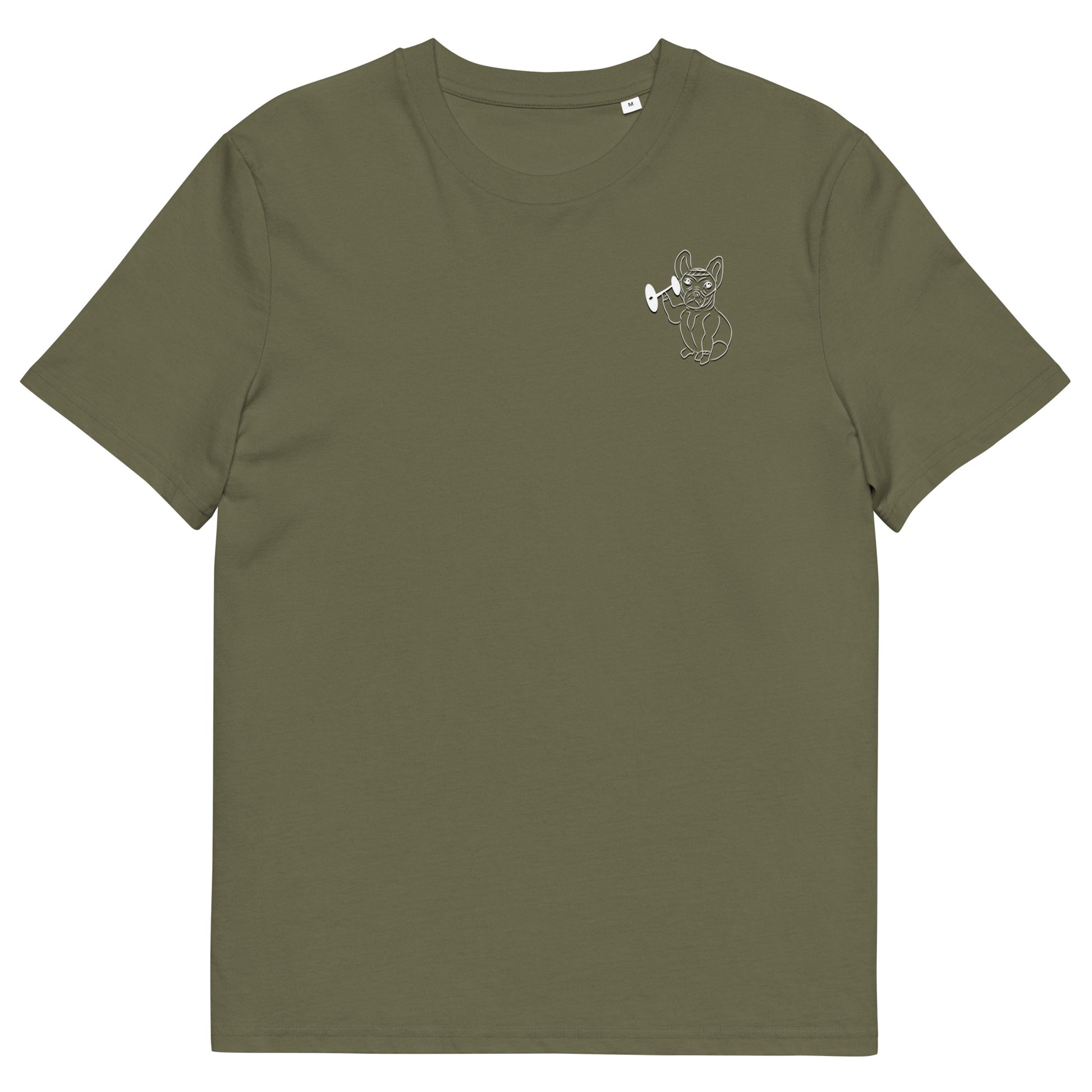 White French Bulldog Weight Lifter | 100% Organic Cotton T Shirt in khaki front view
