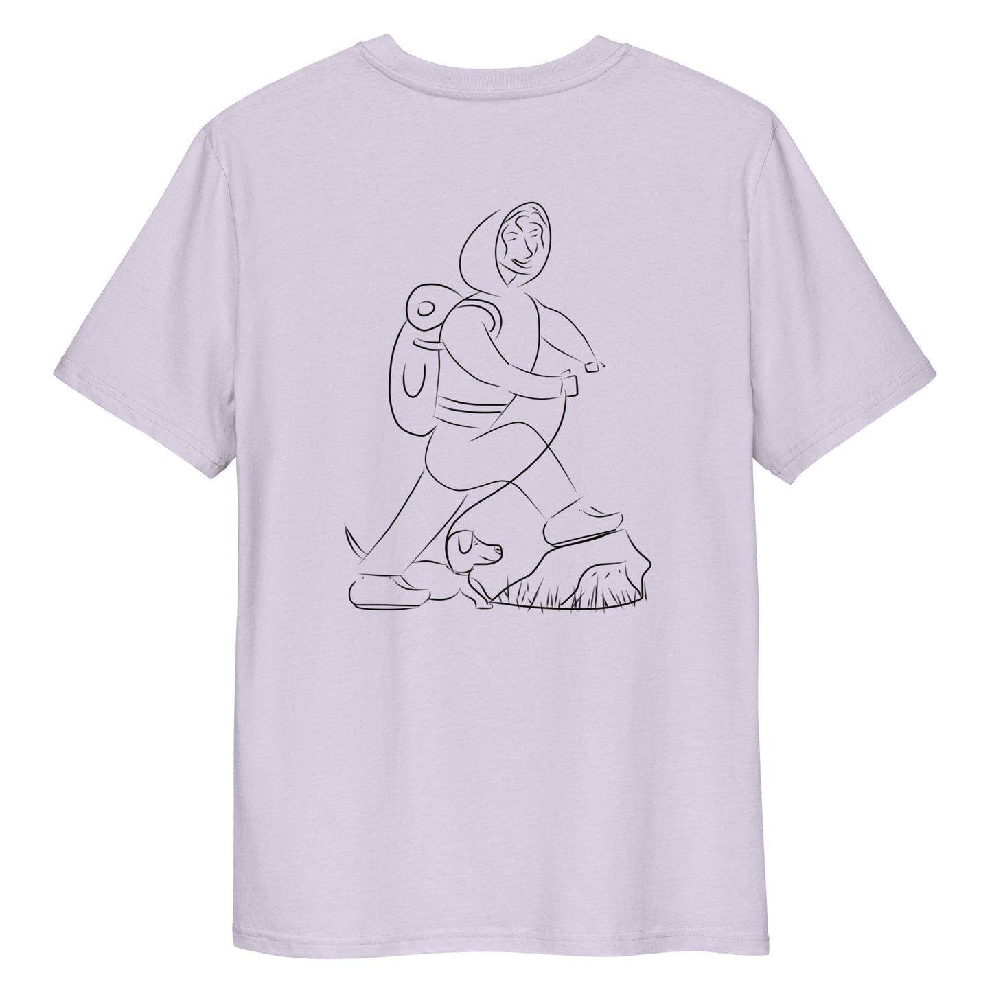 Woman and Dog Hiking | 100% Organic Cotton T Shirt back lavender