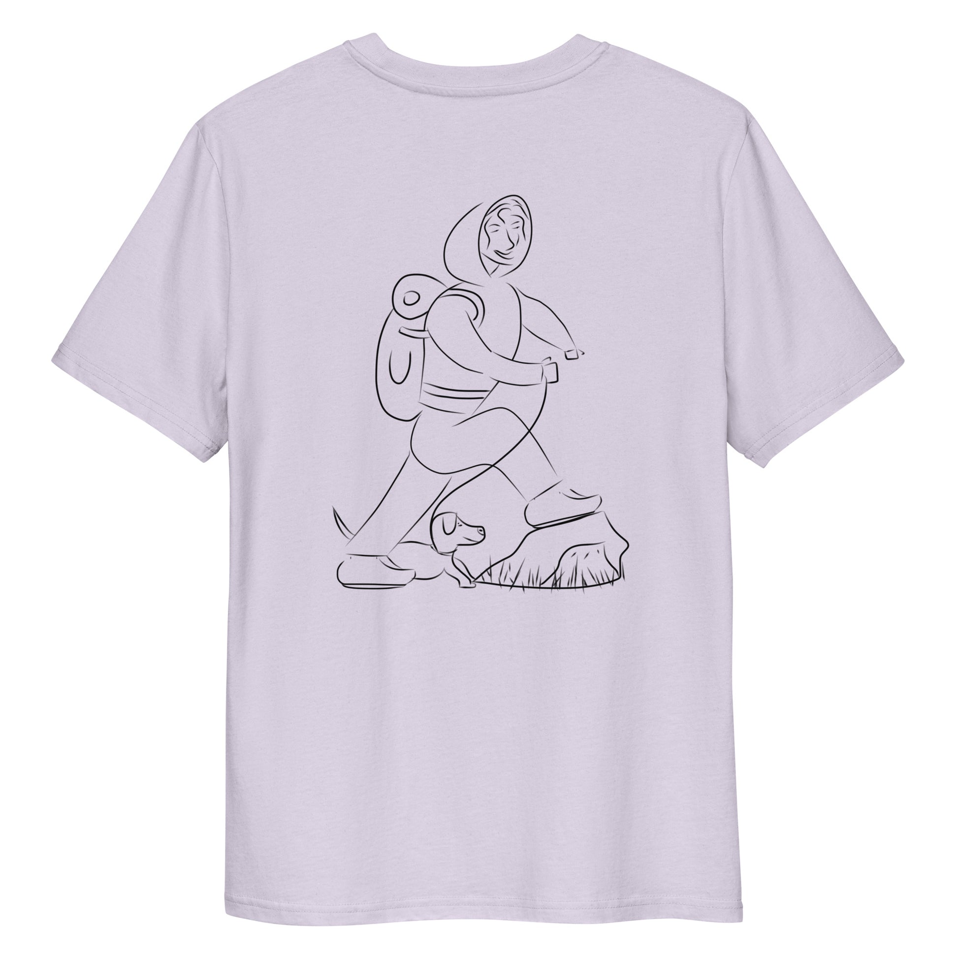 Woman and Dog Hiking | 100% Organic Cotton T Shirt back lavender