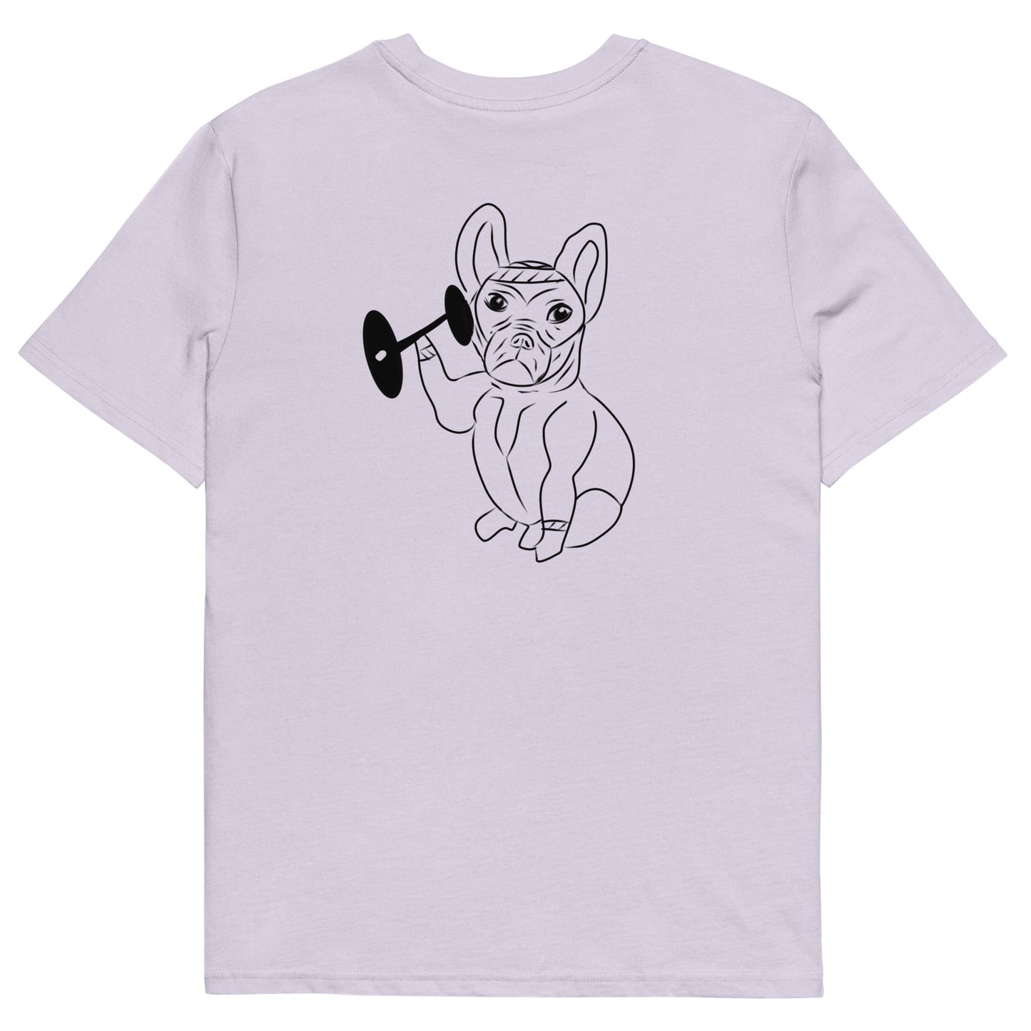 French Bulldog Weight Lifter | 100% Organic Cotton T Shirt in lavender back