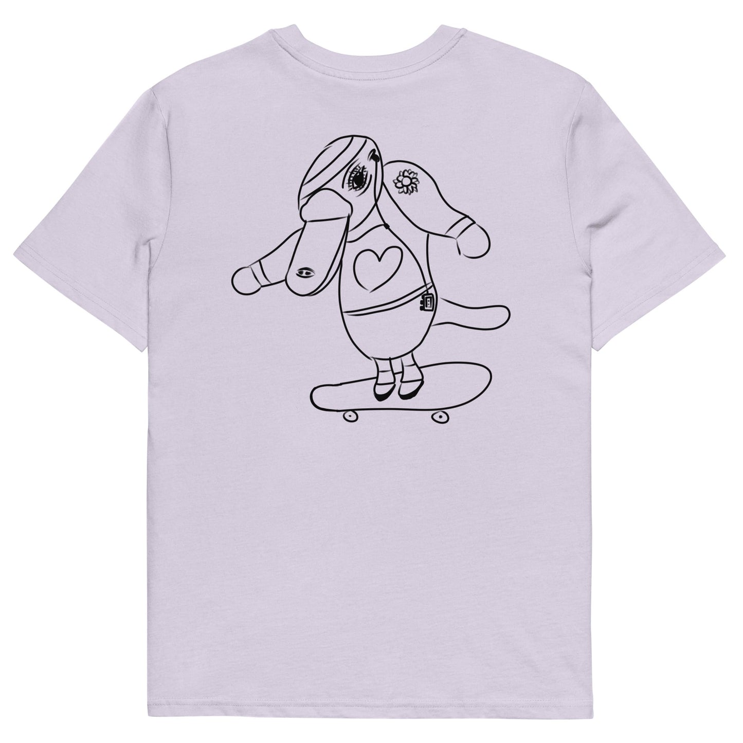 Platypus Skateboarder | 100% Organic Cotton T Shirt in lavender back