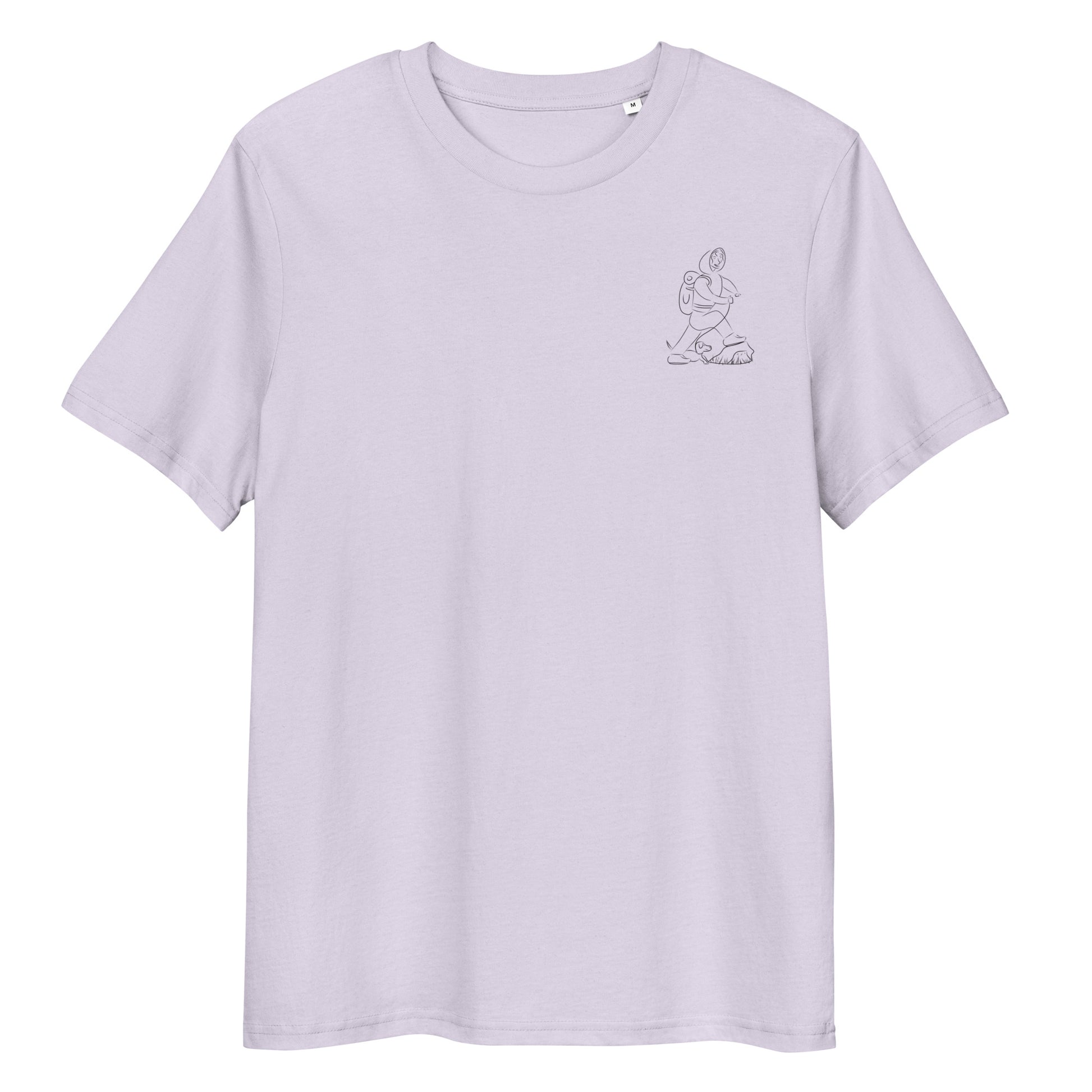 Woman and Dog Hiking | 100% Organic Cotton T Shirt front lavender