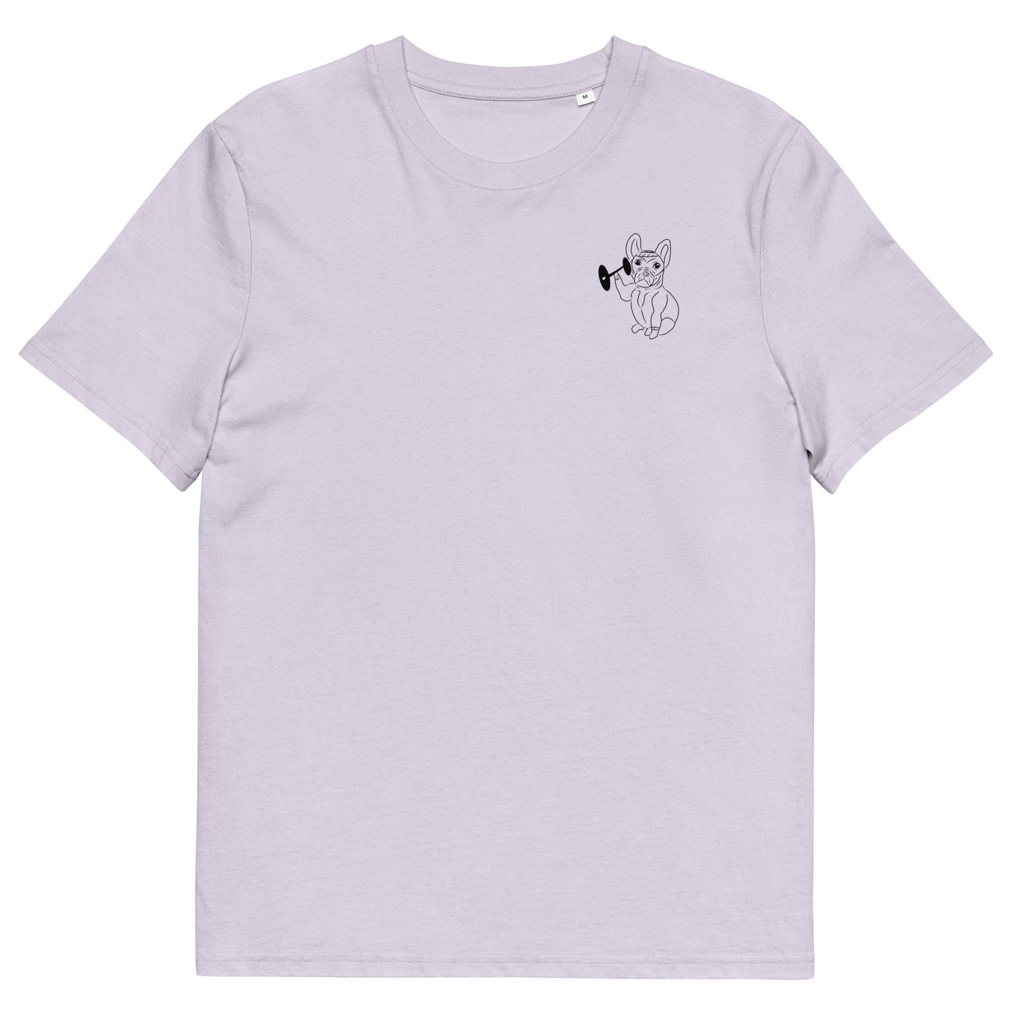 French Bulldog Weight Lifter | 100% Organic Cotton T Shirt in lavender front