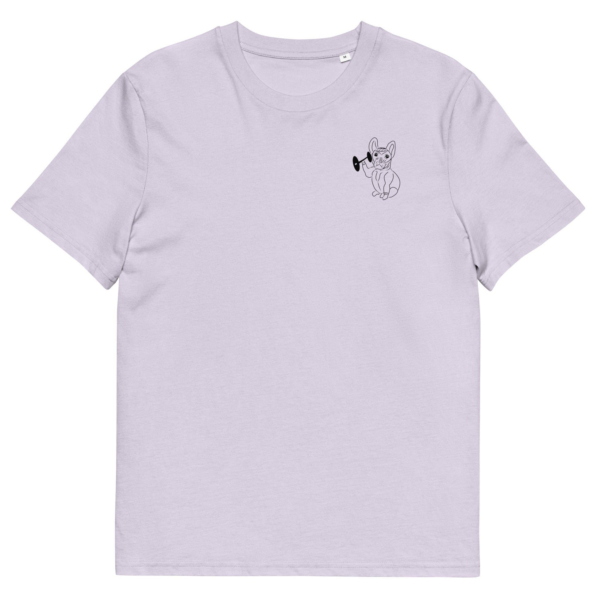 French Bulldog Weight Lifter | 100% Organic Cotton T Shirt in lavender front