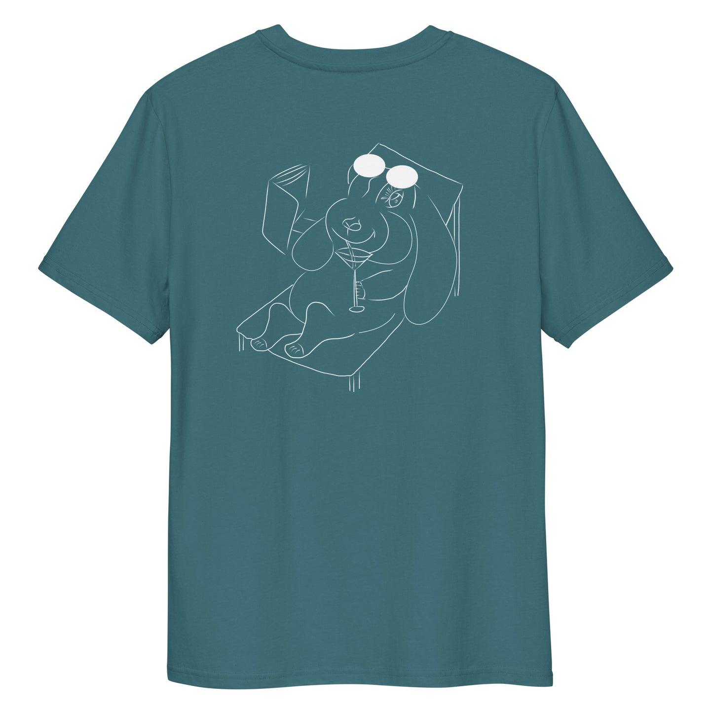 White Bunny Hop and Sip | 100% Organic Cotton T Shirt in stargazer back view