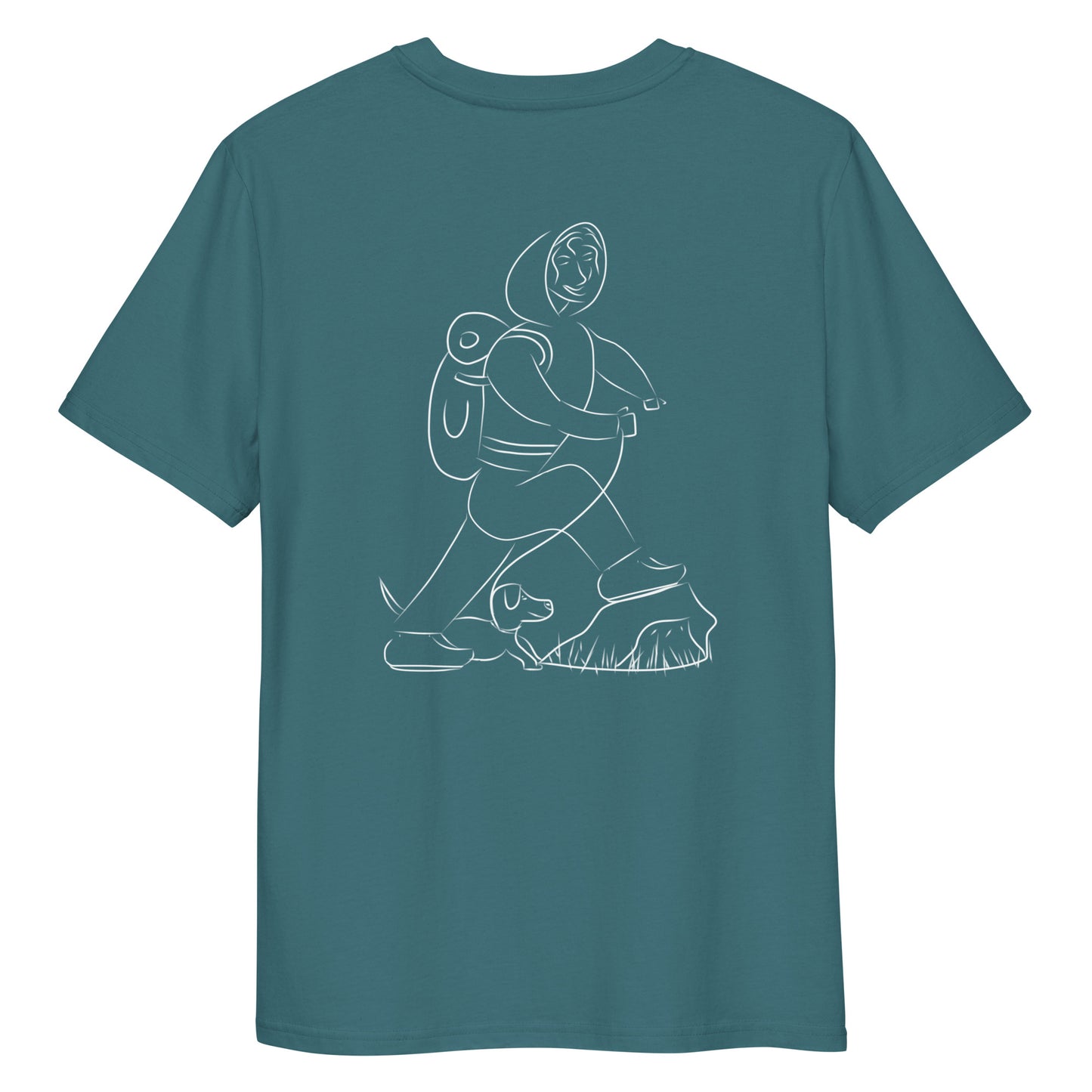 Woman and Dog Hiking White | 100% Organic Cotton T Shirt in stargazer back
