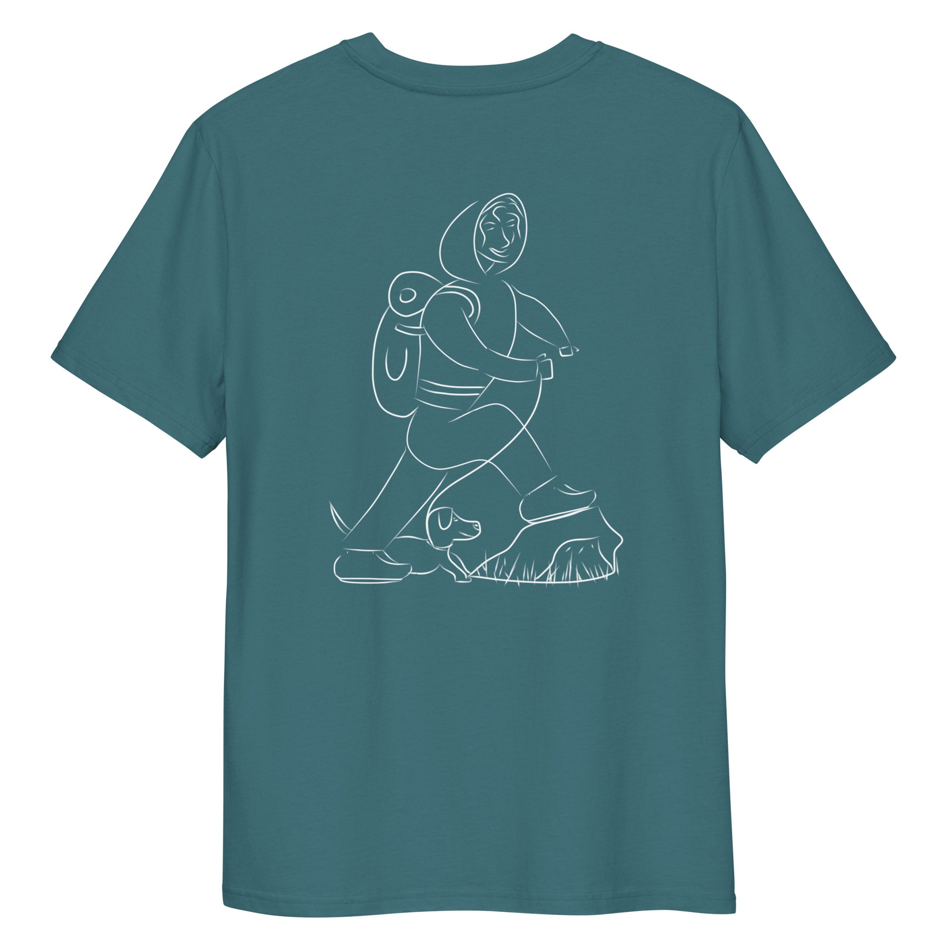 Woman and Dog Hiking White | 100% Organic Cotton T Shirt in stargazer back