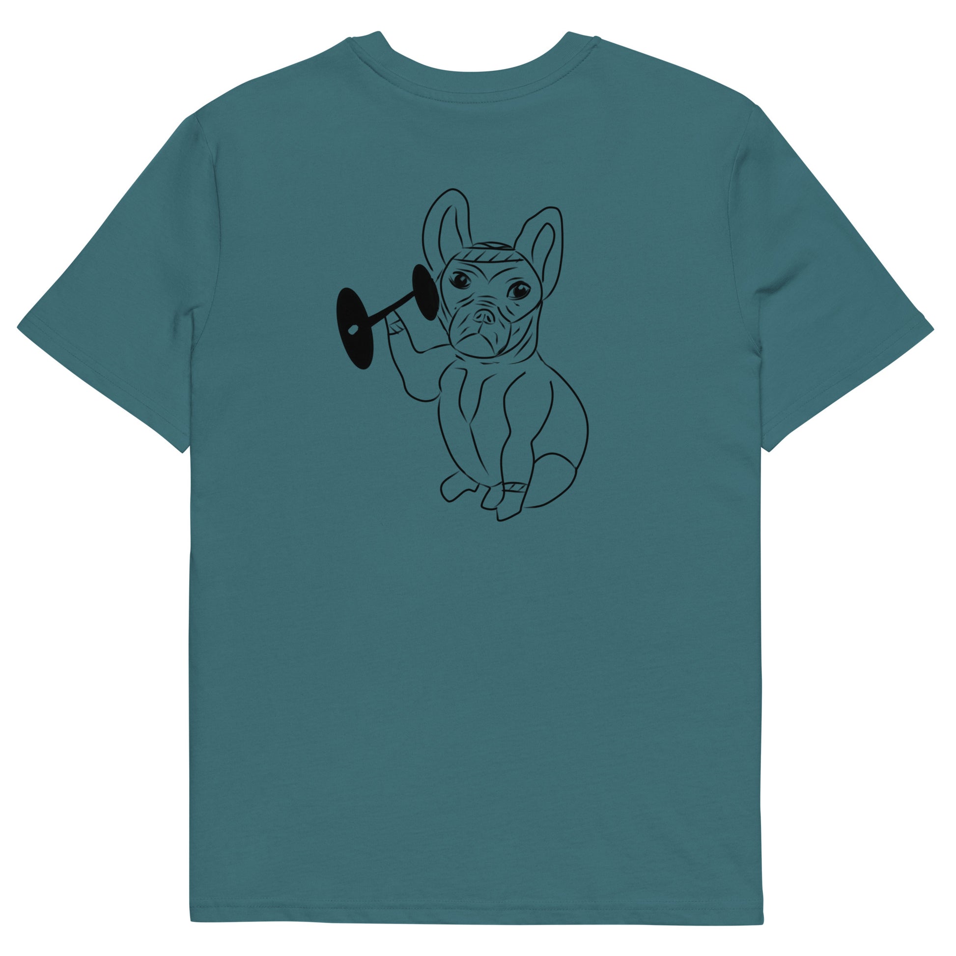 French Bulldog Weight Lifter | 100% Organic Cotton T Shirt in stargazer back