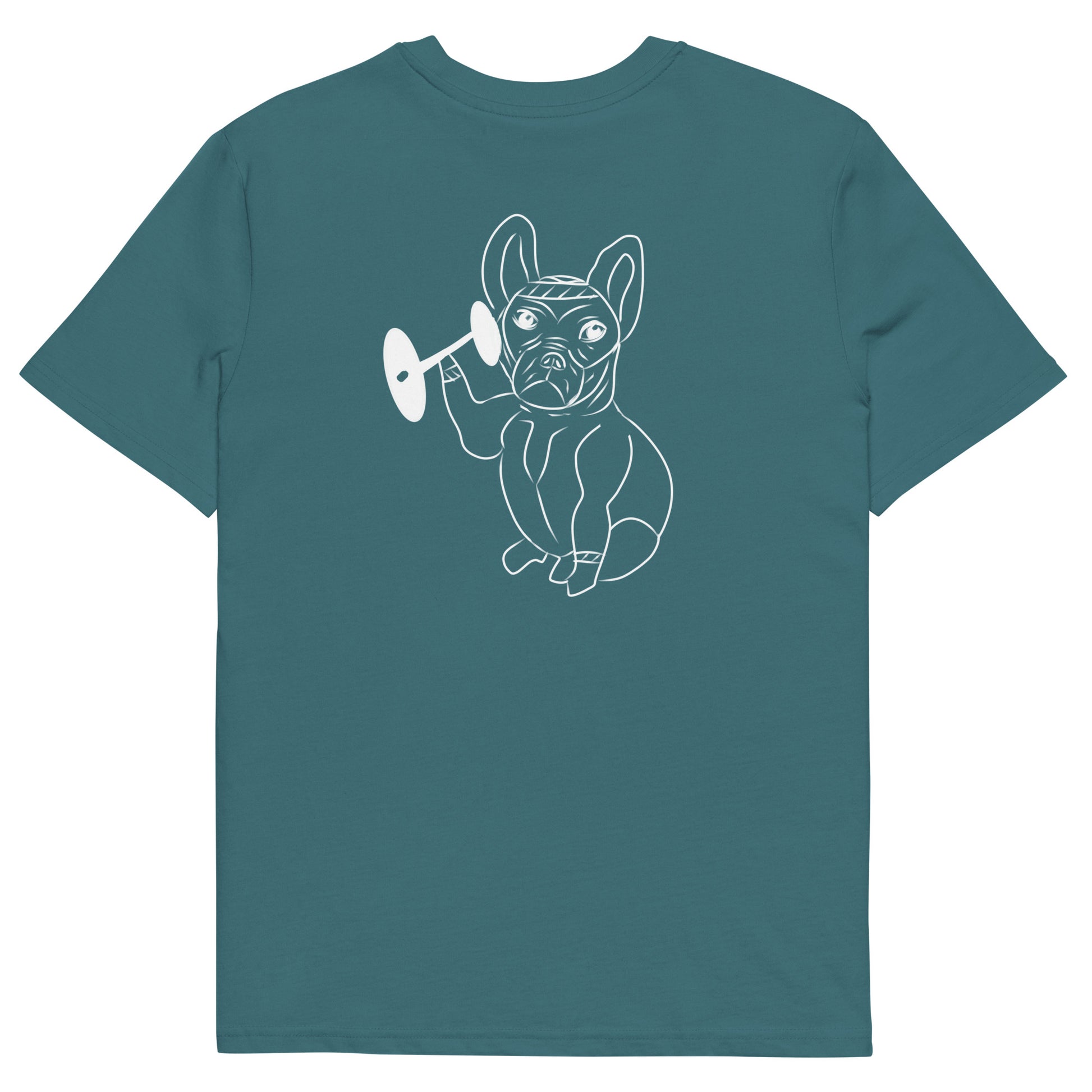 White French Bulldog Weight Lifter | 100% Organic Cotton T Shirt in stargazer back view