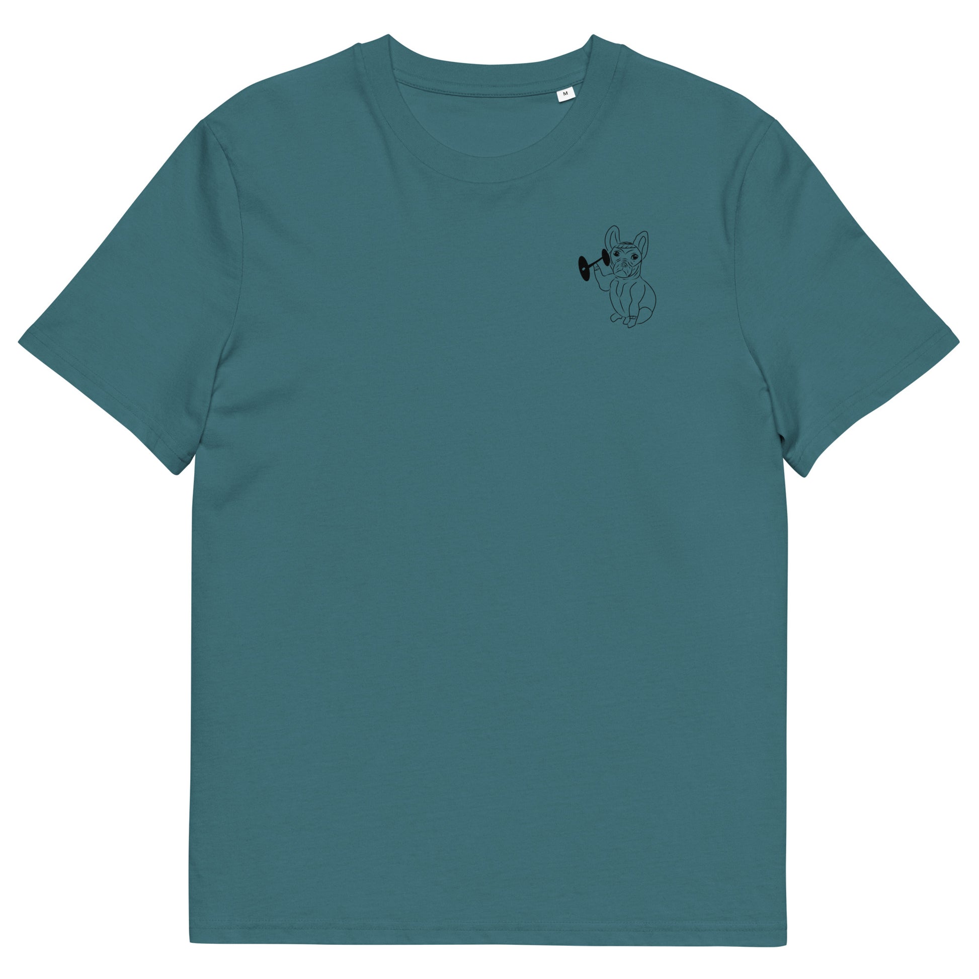 French Bulldog Weight Lifter | 100% Organic Cotton T Shirt in stargazer front
