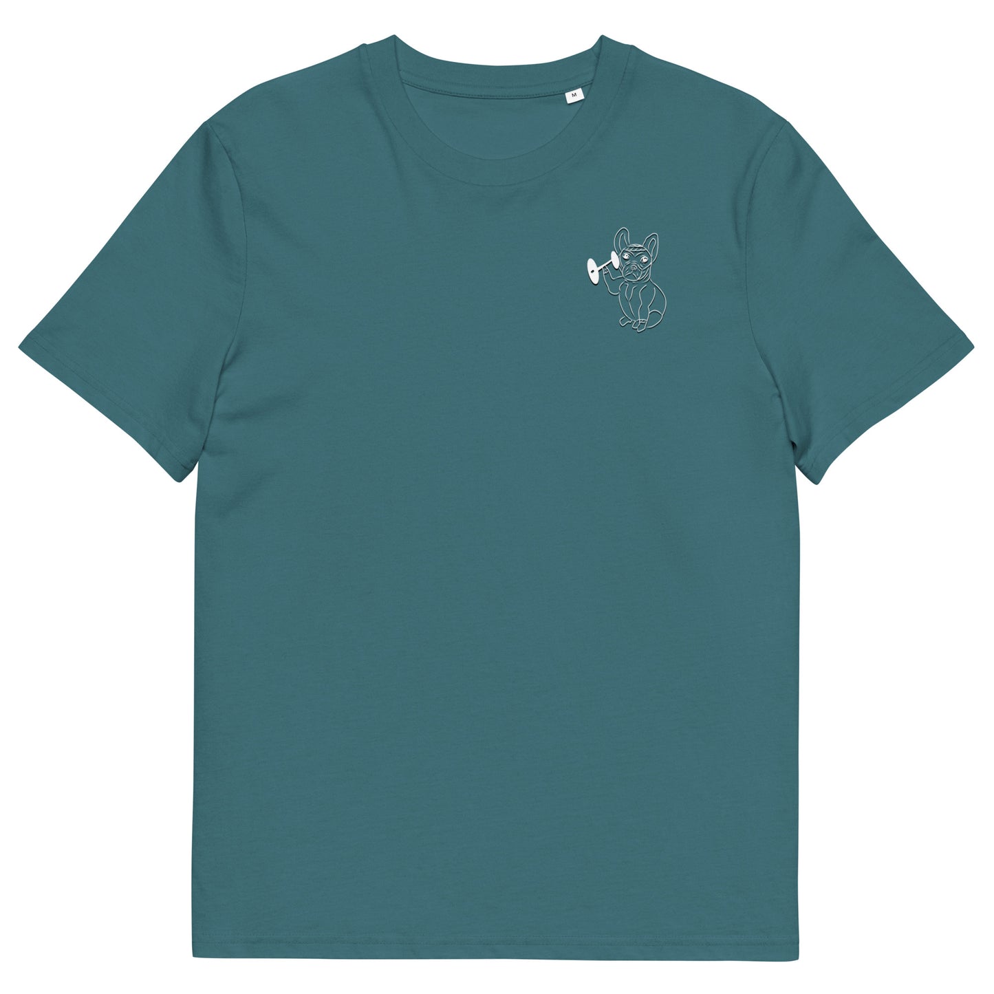 White French Bulldog Weight Lifter | 100% Organic Cotton T Shirt in stargazer front view