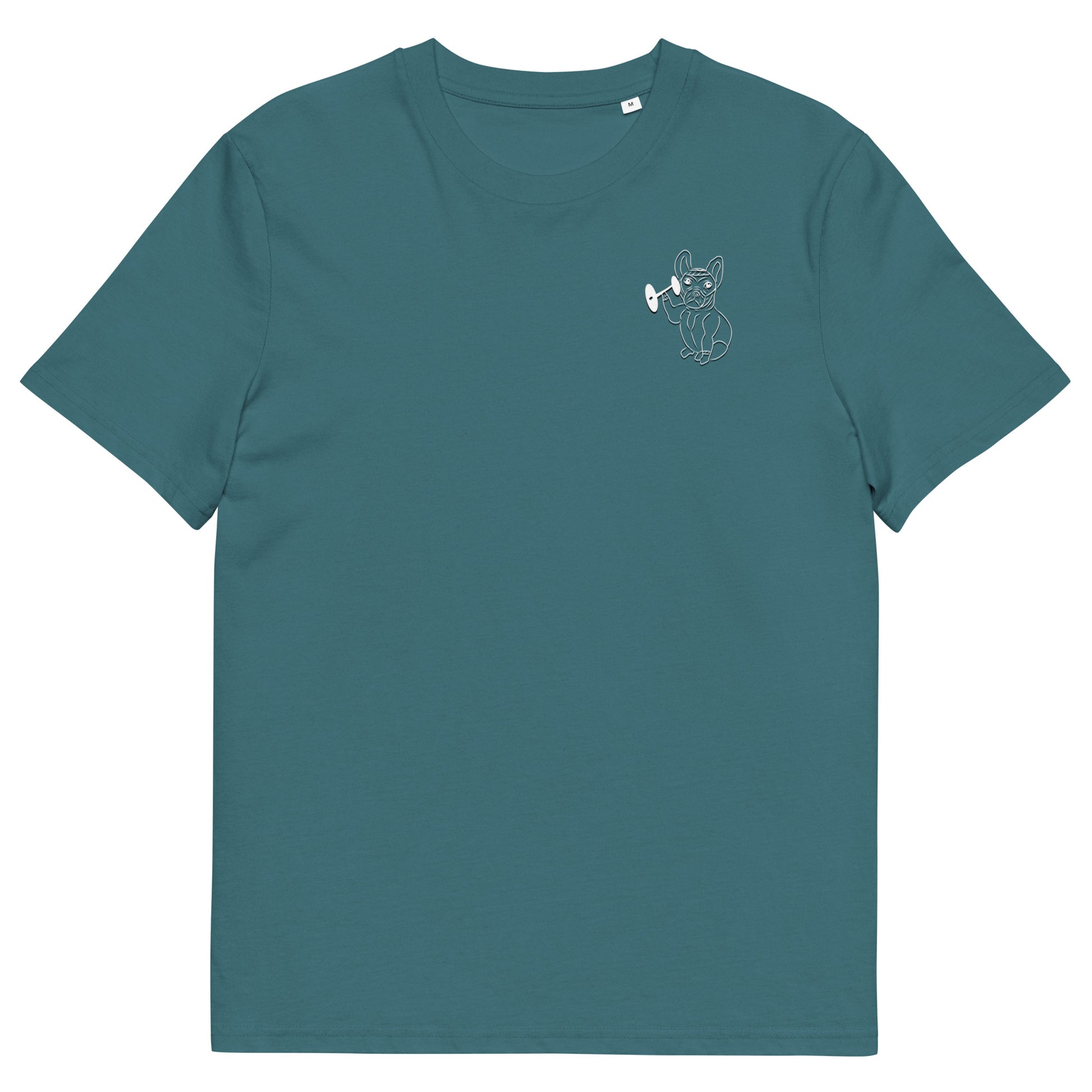 White French Bulldog Weight Lifter | 100% Organic Cotton T Shirt in stargazer front view