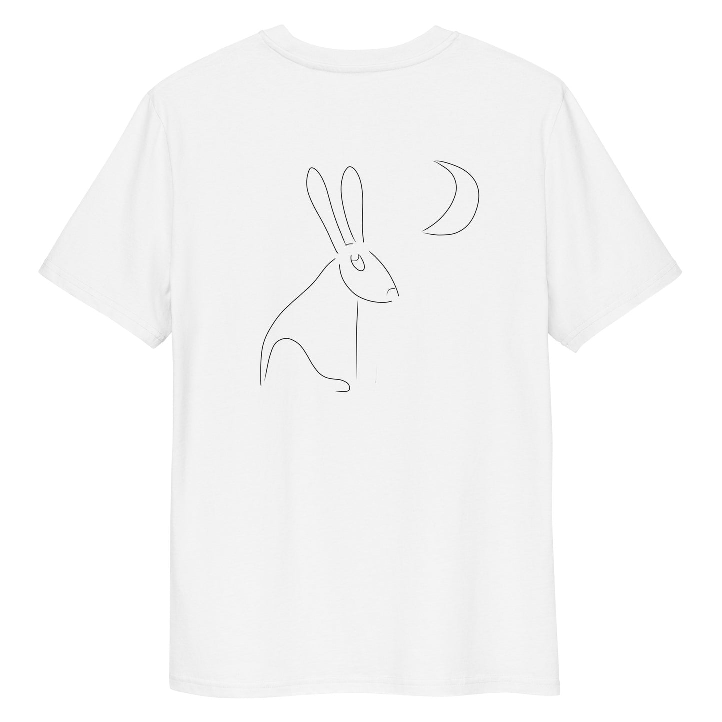 Hare Stares at Moon | 100% Organic Cotton T Shirt in white back view
