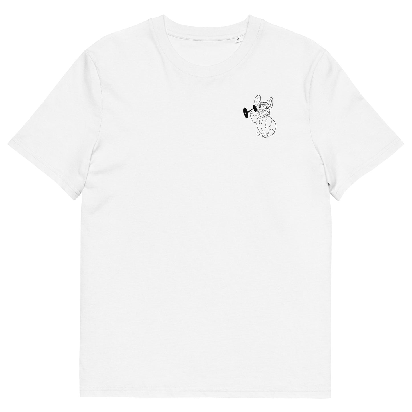 French Bulldog Weight Lifter | 100% Organic Cotton T Shirt in white front