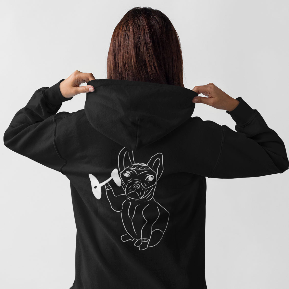 White French Bulldog Weight Lifter | Sustainable Hoodie worn by a woman
