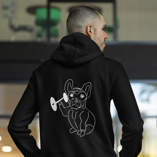 White French Bulldog Weight Lifter | Sustainable Hoodie worn by a man