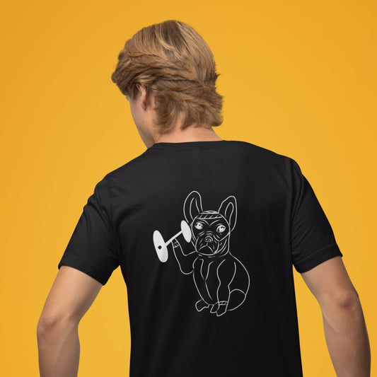 White French Bulldog Weight Lifter | 100% Organic Cotton T Shirt worn by a man