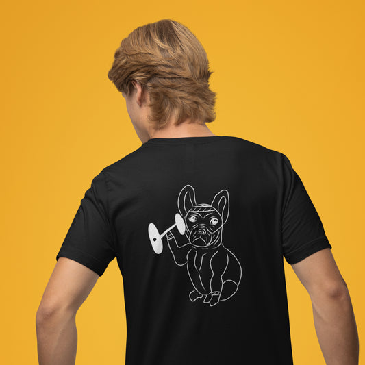 White French Bulldog Weight Lifter | 100% Organic Cotton T Shirt worn by a man