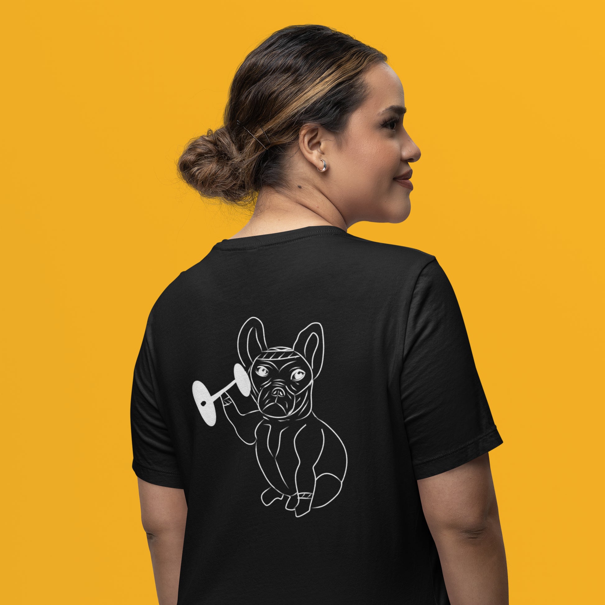White French Bulldog Weight Lifter | 100% Organic Cotton T Shirt worn by a woman