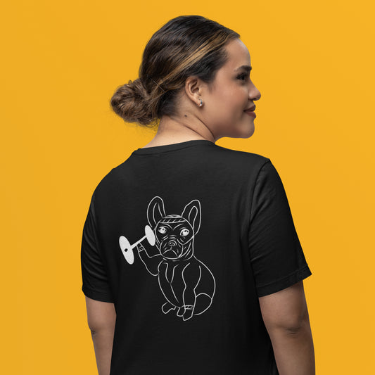 White French Bulldog Weight Lifter | 100% Organic Cotton T Shirt worn by a woman