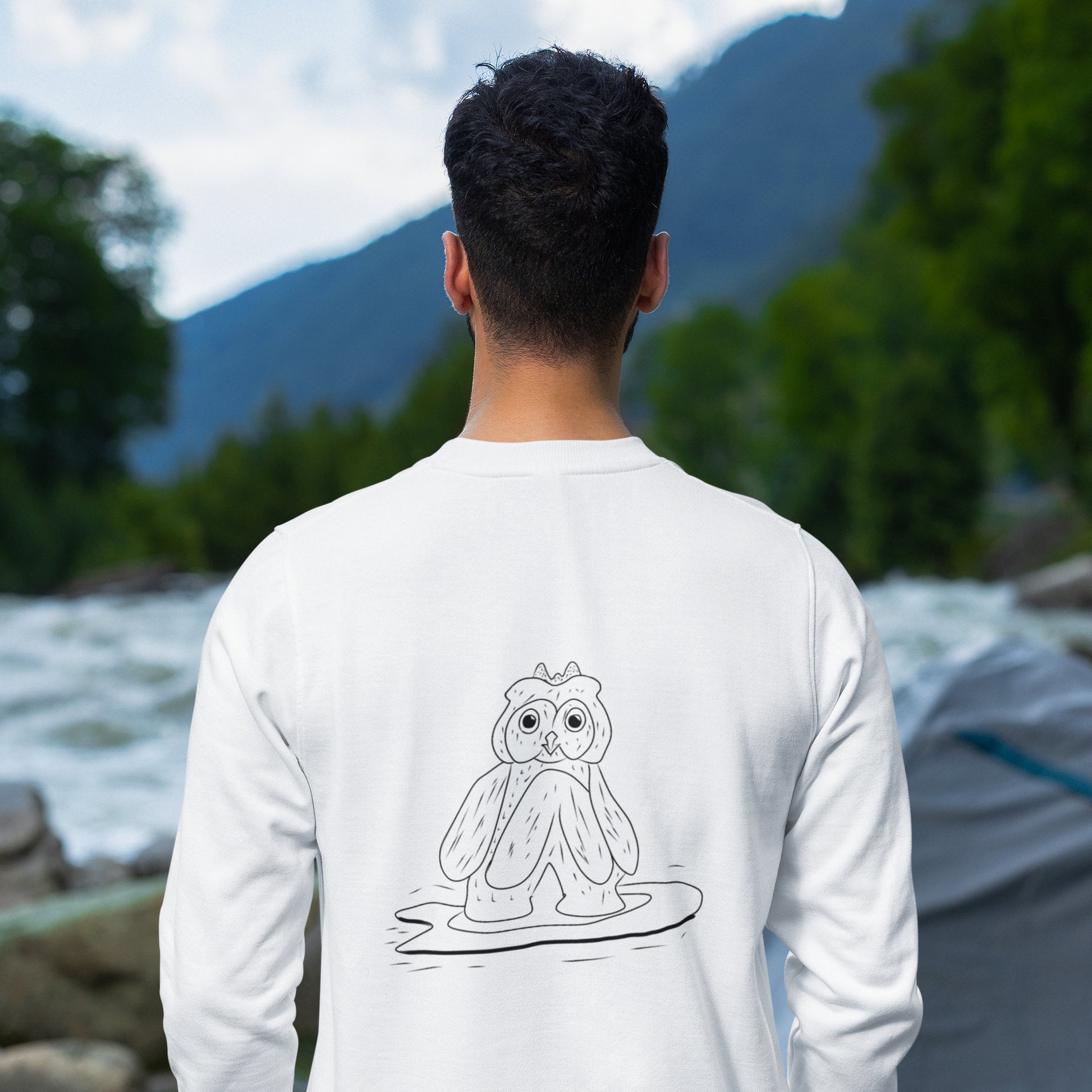 Surfing Owl | Vegan Jumper worn by a man