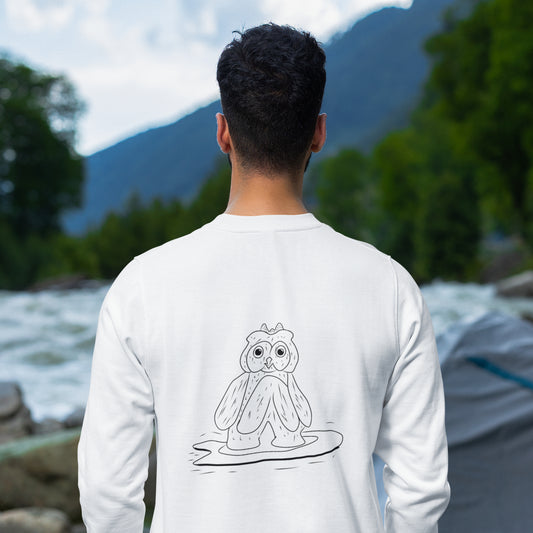 Surfing Owl | Vegan Jumper worn by a man