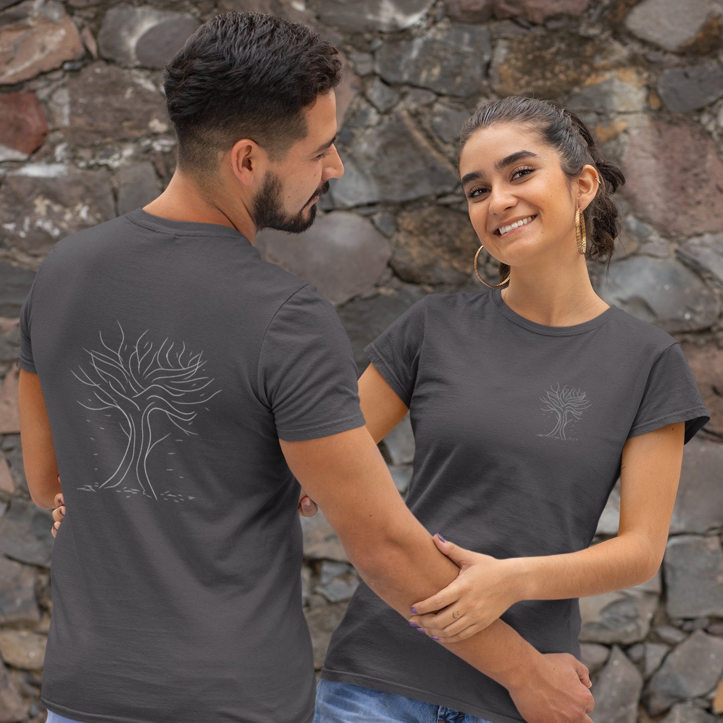 Autumn White Tree Trance | 100% Organic Cotton T Shirt worn by a couple