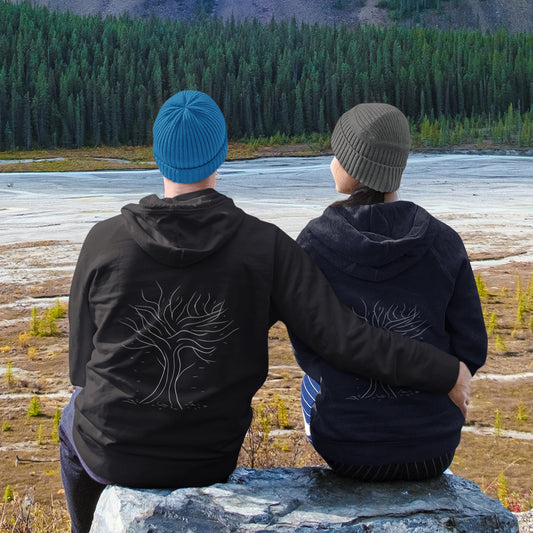 White Autumn Tree Trance | Sustainable Hoodie One Pouch worn by a couple