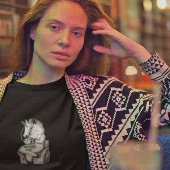 Knitting Unicorn | Women's 100% Organic Cotton T Shirt worn by a woman in a bar