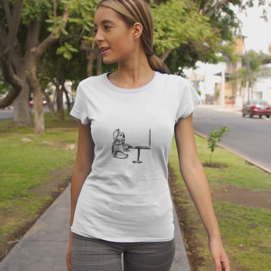 Koala on Computer | Women's 100% Organic Cotton T Shirt worn by a woman walking
