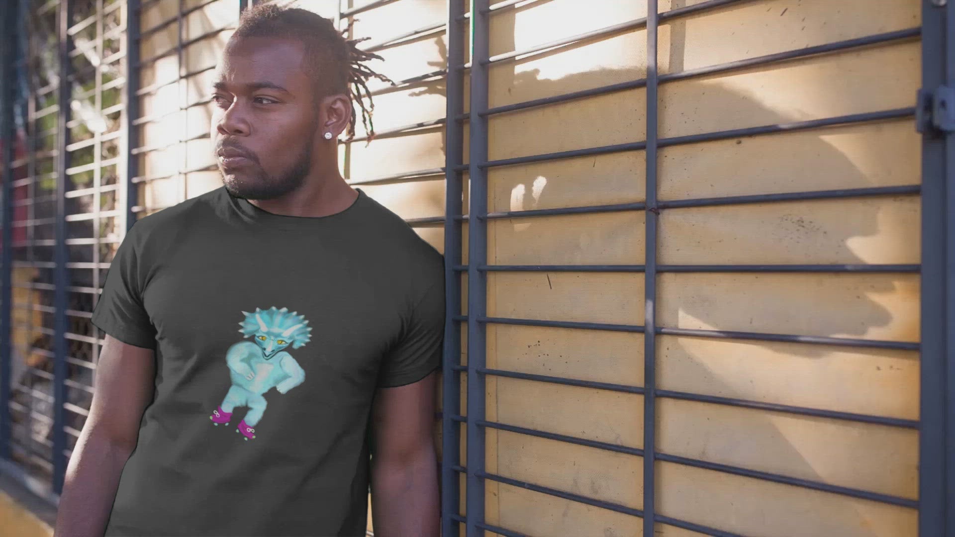 Dinosaur Triceratops Roller Skating | 100% Organic Cotton T Shirt worn by a man
