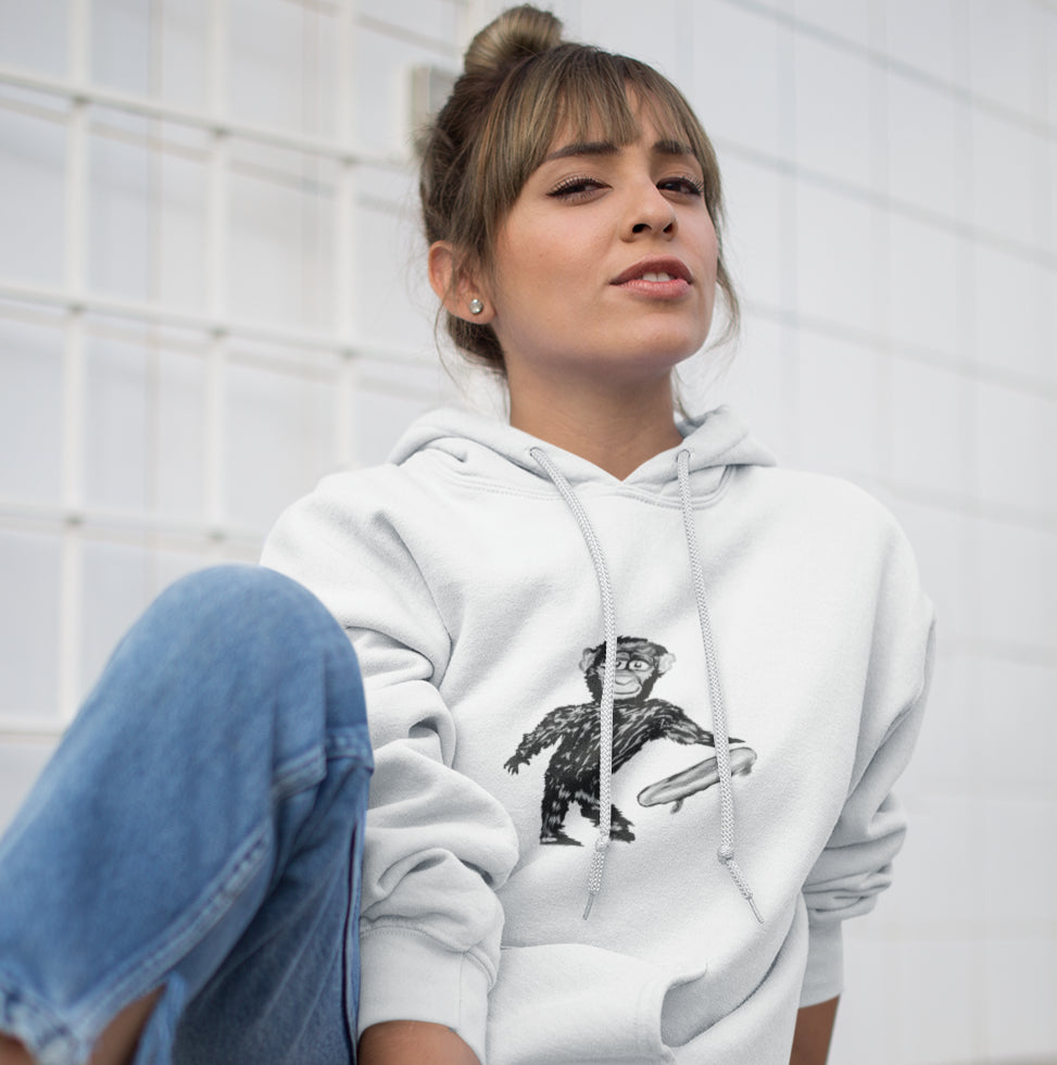 Woman wearing a Chimp with a skateboard sustainable vegan hoodie