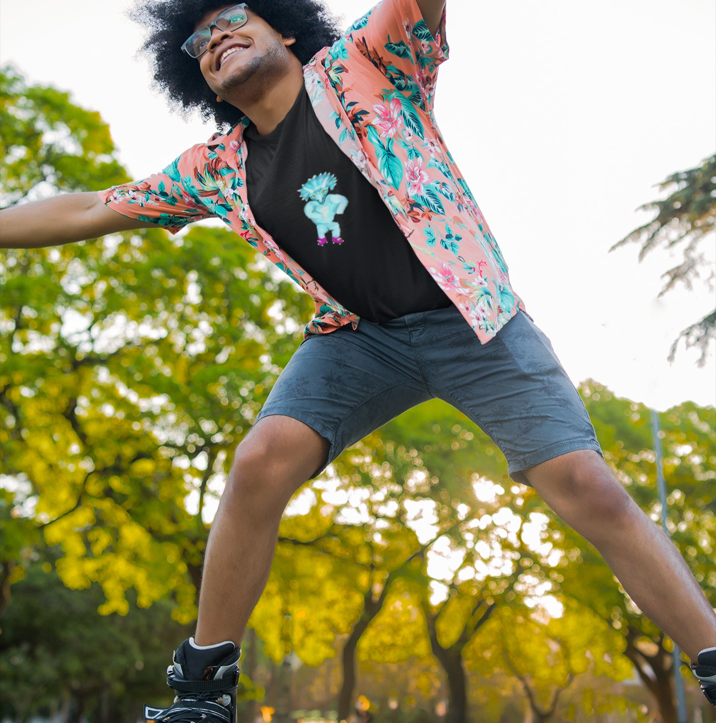 Dinosaur Triceratops Roller Skating | 100% Organic Cotton T Shirt worn by a man on skates