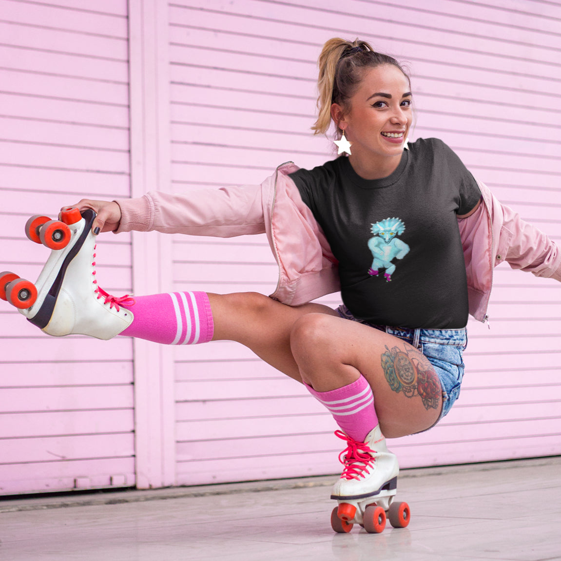 Dinosaur Triceratops Roller Skating | 100% Organic Cotton T Shirt worn by a woman wearing skates