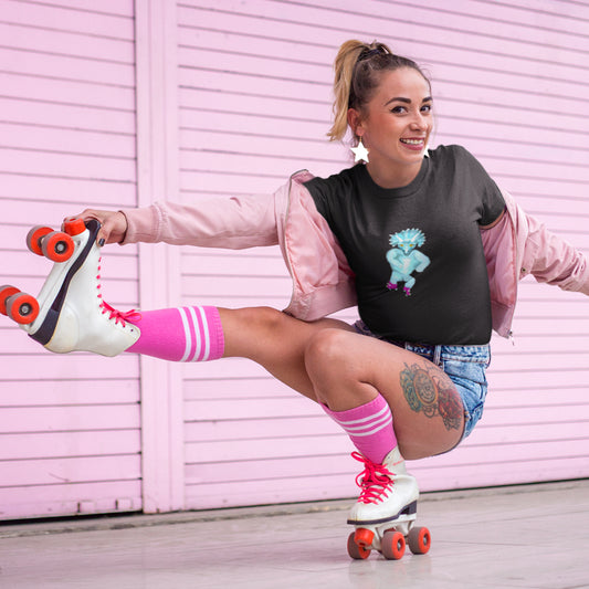 Dinosaur Triceratops Roller Skating | 100% Organic Cotton T Shirt worn by a woman wearing skates