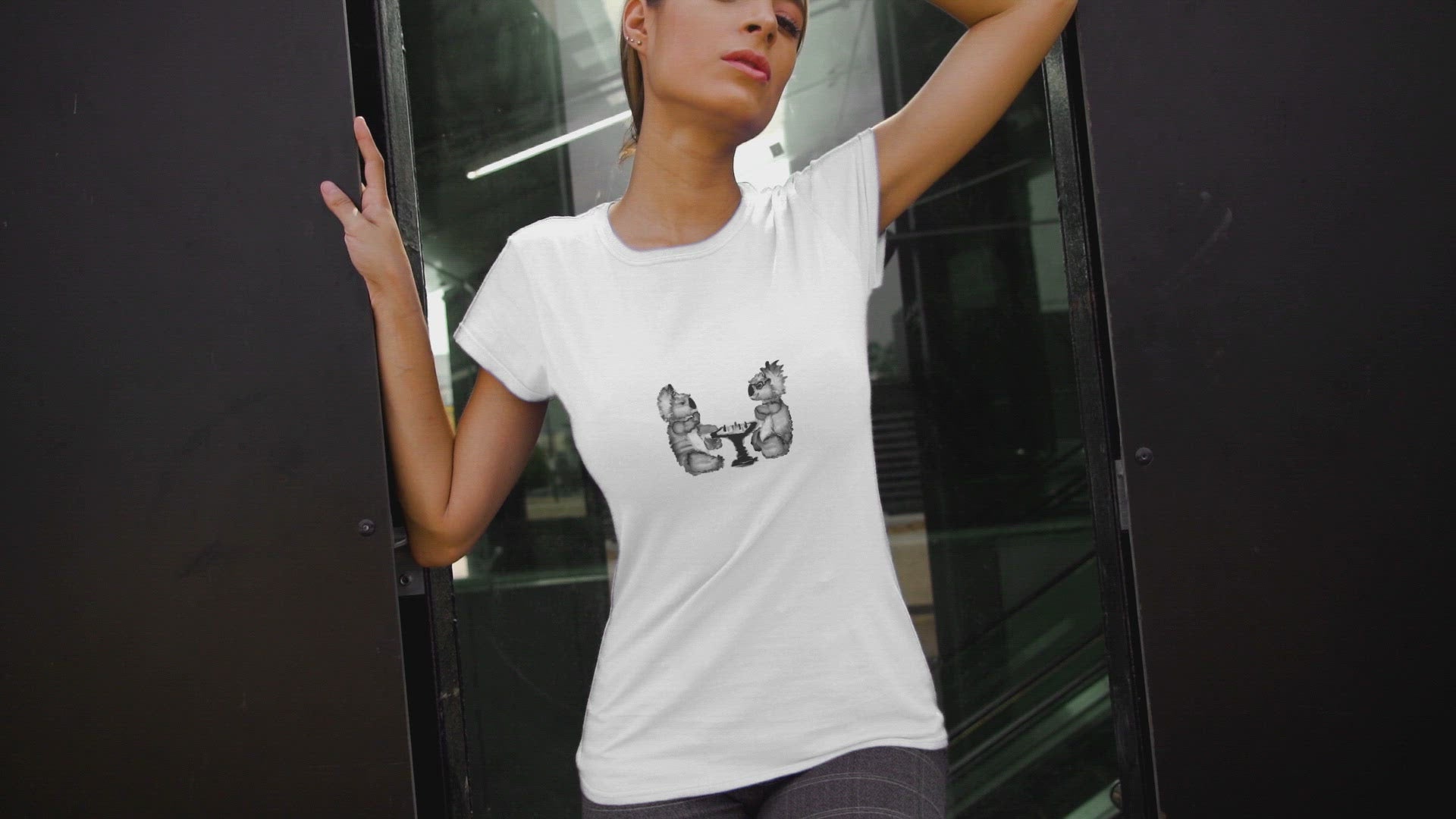Koalas playing chess | 100% Organic Cotton T Shirt worn by a woman