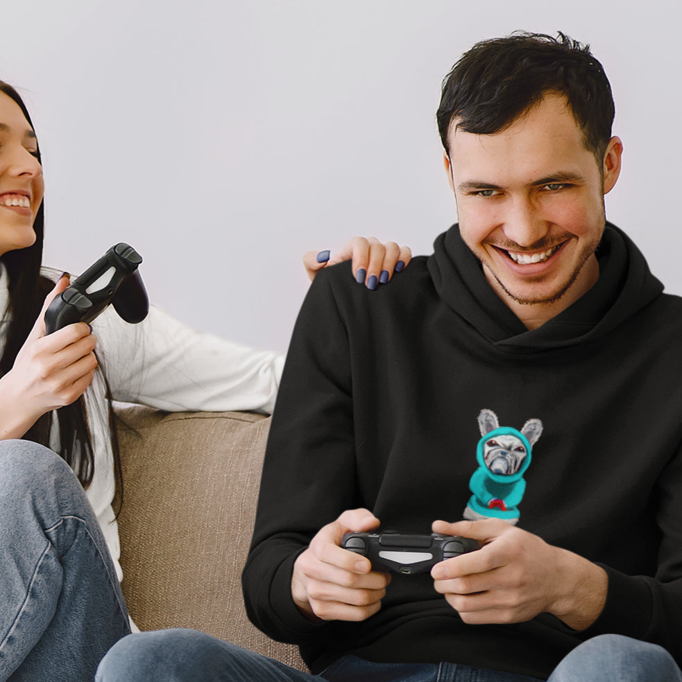 Man wearing a French Bullldog gamer sustainable vegan hoodie